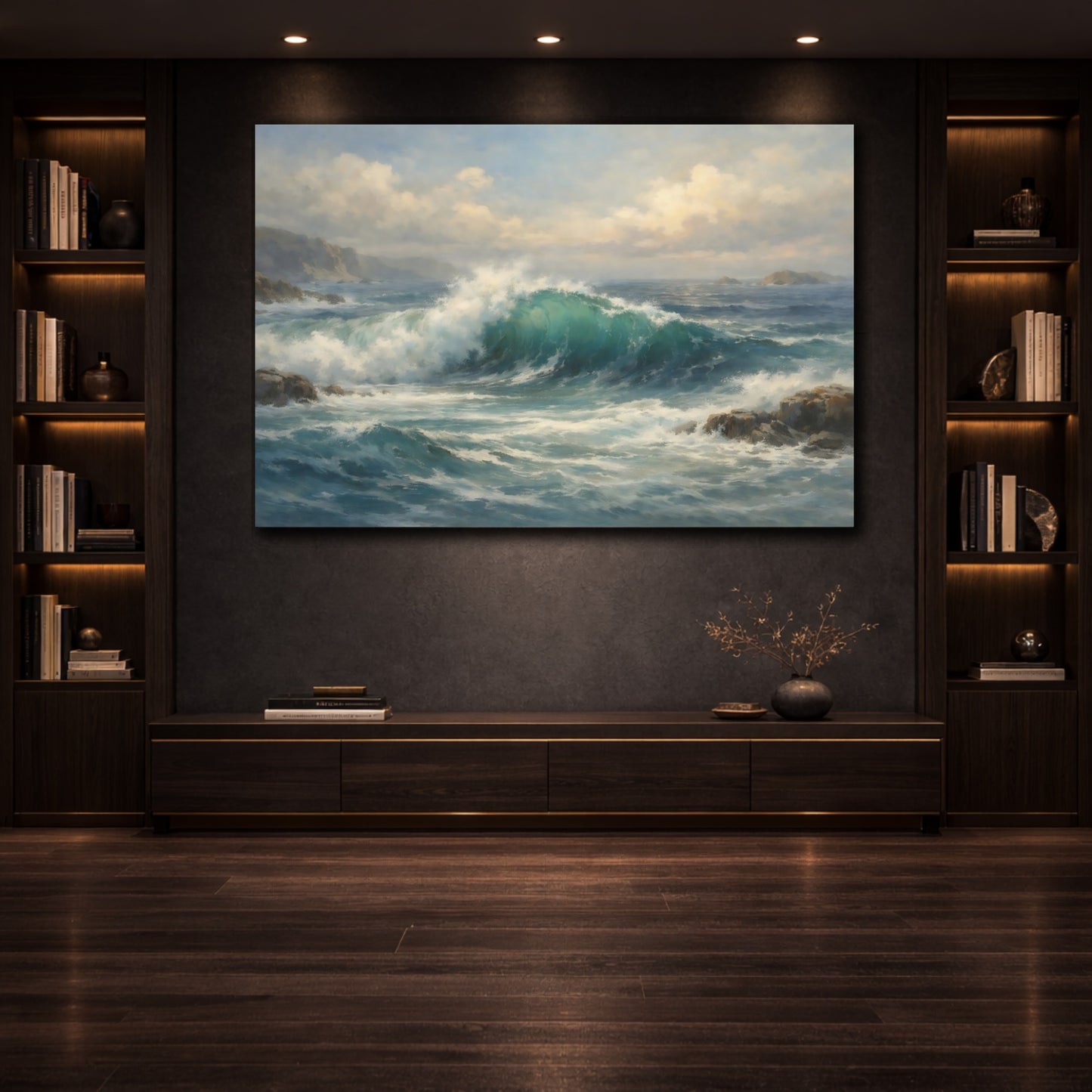 Mockup 3. Ethereal Ocean Map Depth Composition shown as stretched canvas wall art