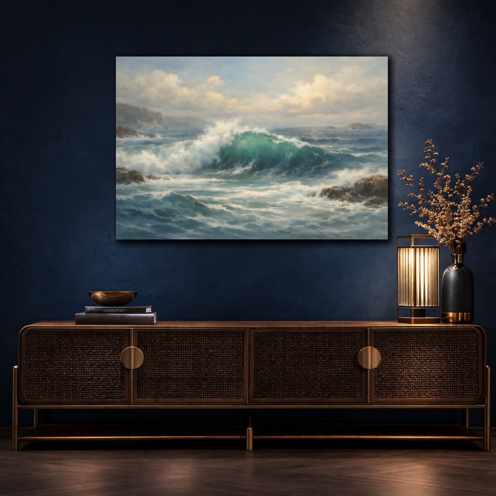 Mockup 4. Ethereal Ocean Map Depth Composition shown as stretched canvas wall art