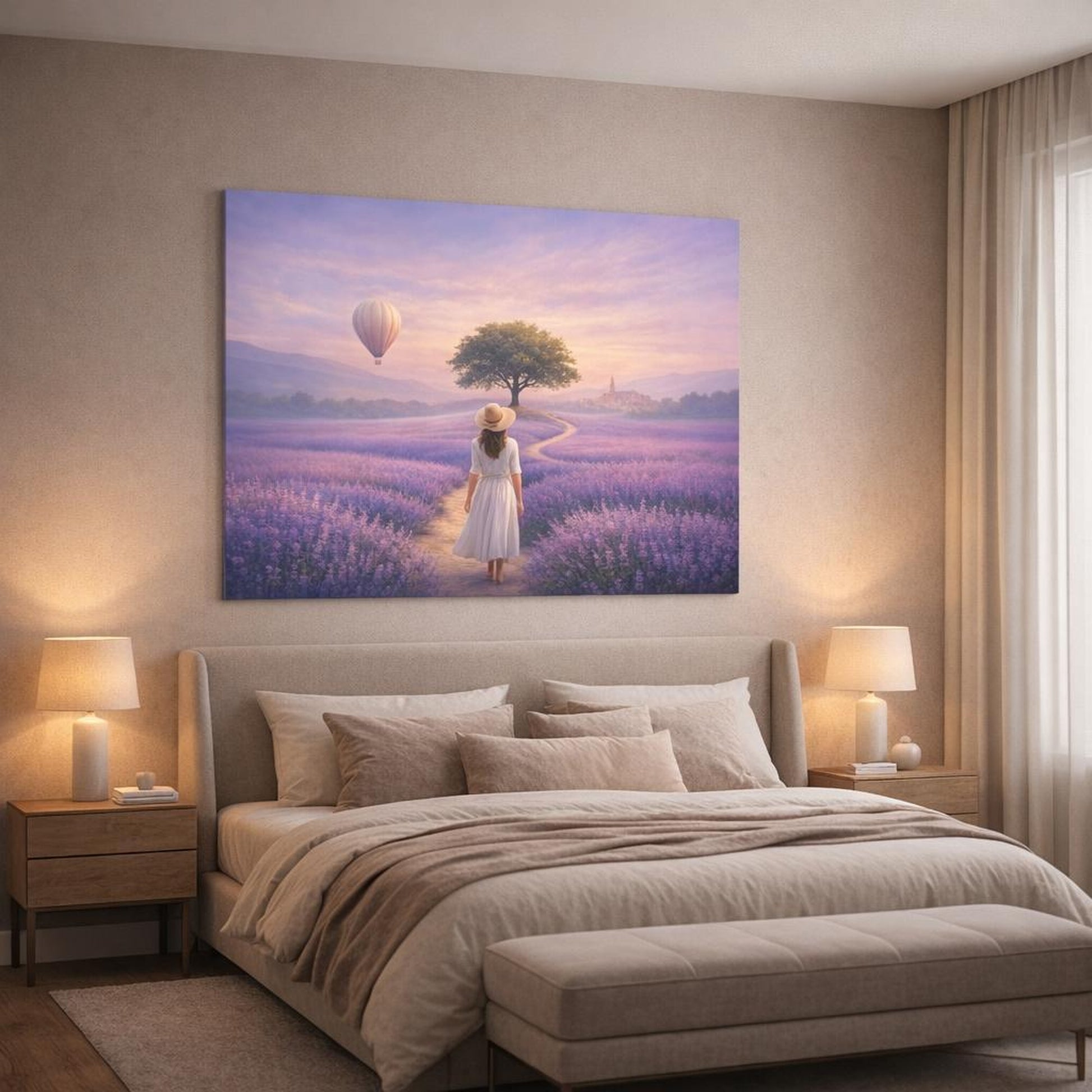 Ethereal Provence Lavender shown as canvas wall art in a luxury bedroom