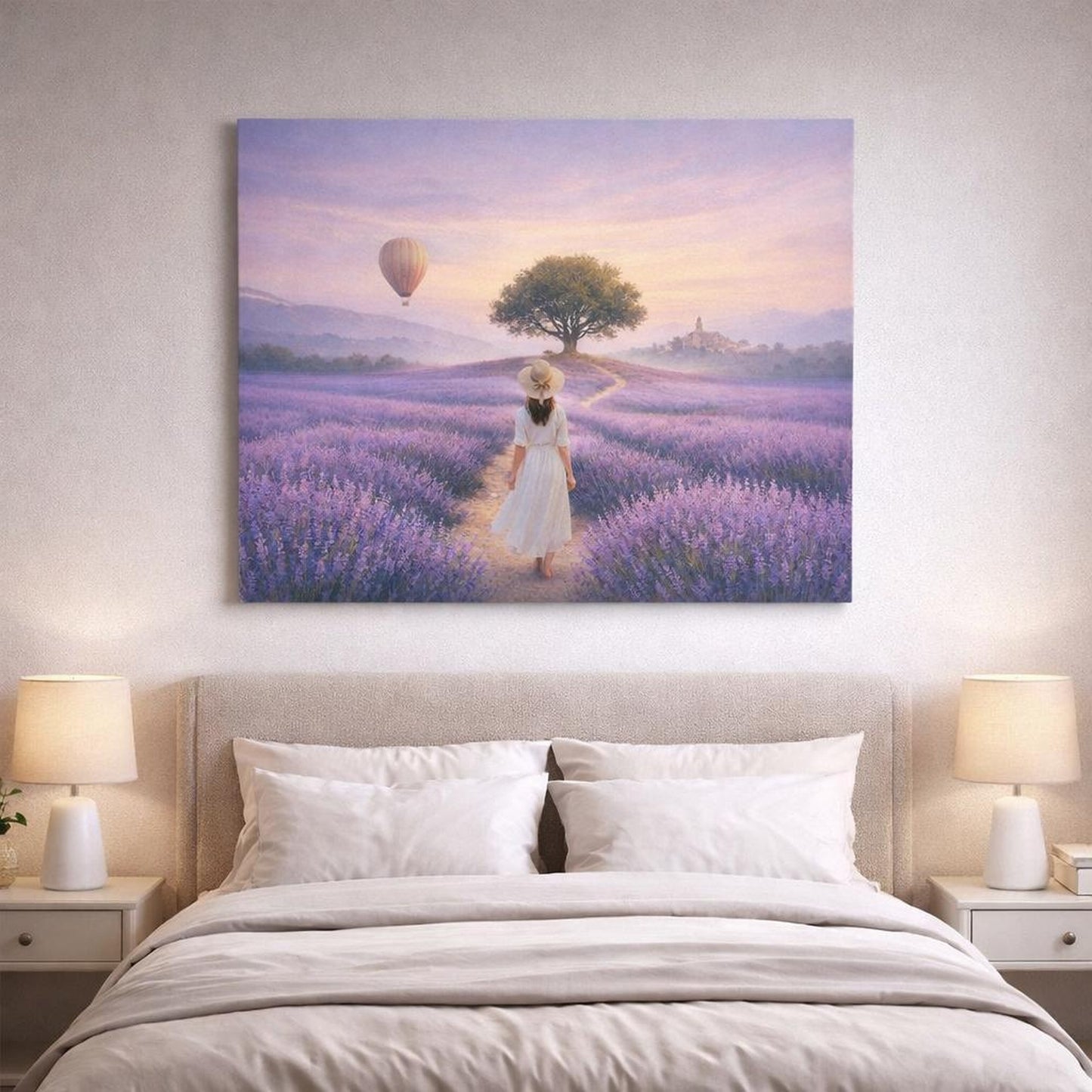 Ethereal Provence Lavender shown as canvas wall art in a refined dining room