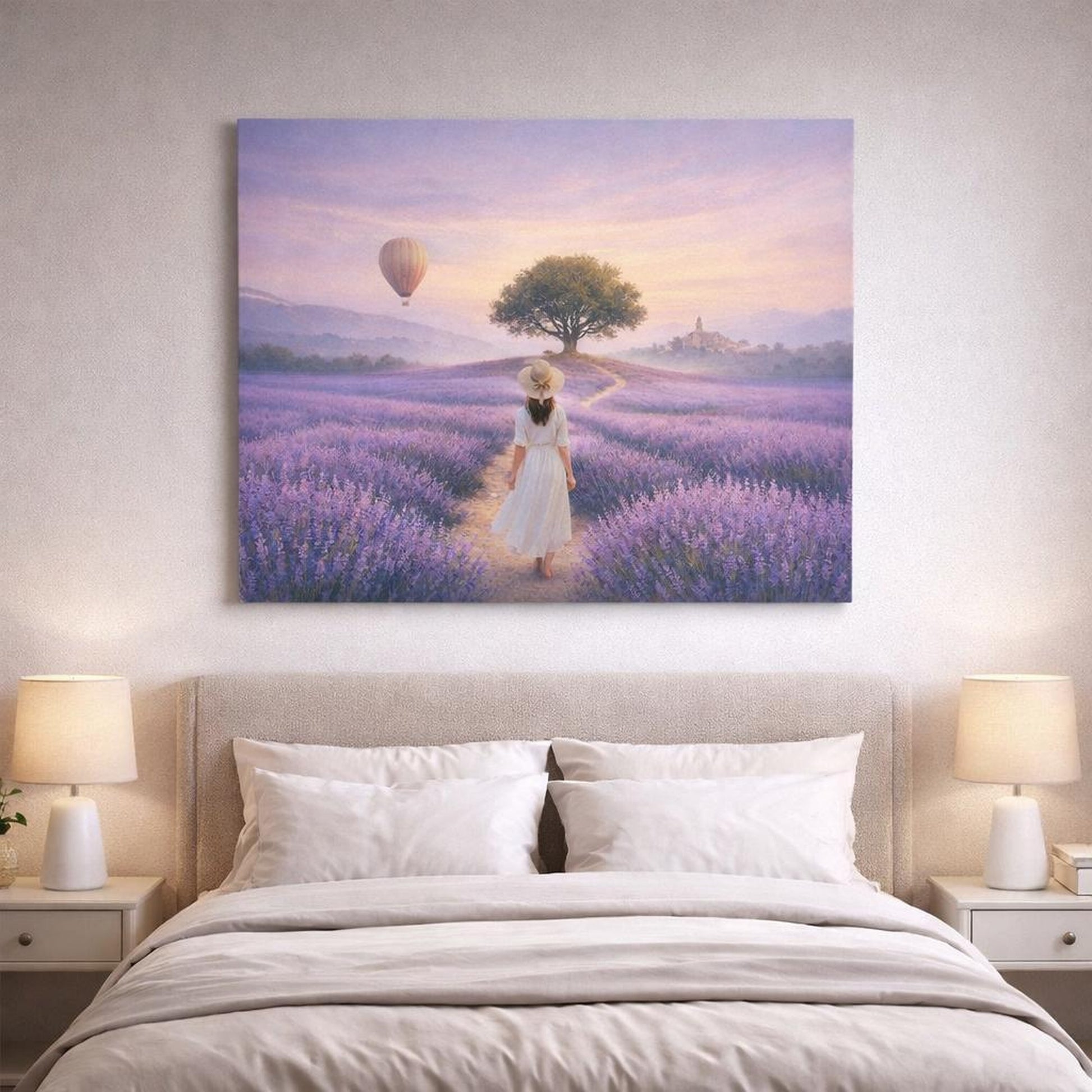 Ethereal Provence Lavender shown as canvas wall art in a refined dining room