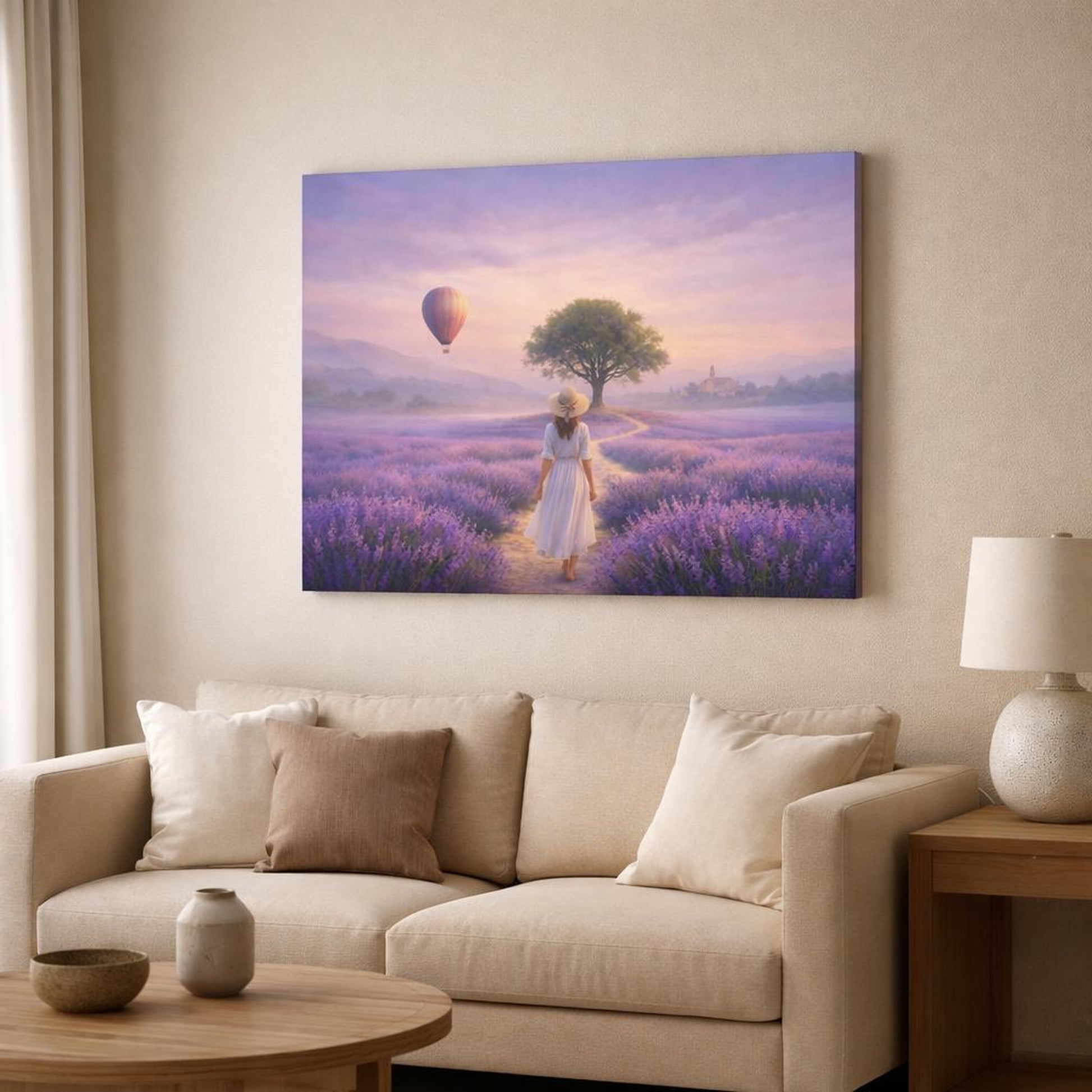 Ethereal Provence Lavender shown as canvas wall art in a modern living room