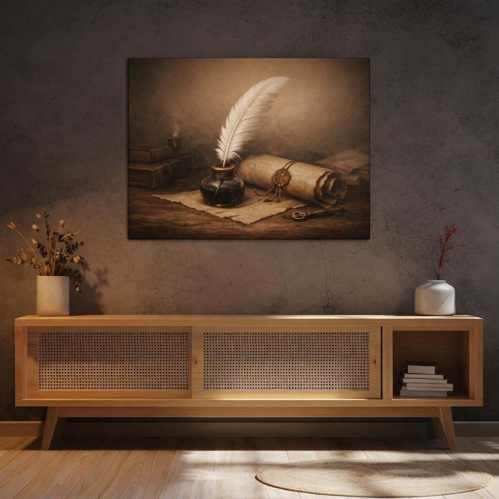 Ethereal Quill And Scroll Ink Vintage - Canvas Wall Art Print - YesArtYes