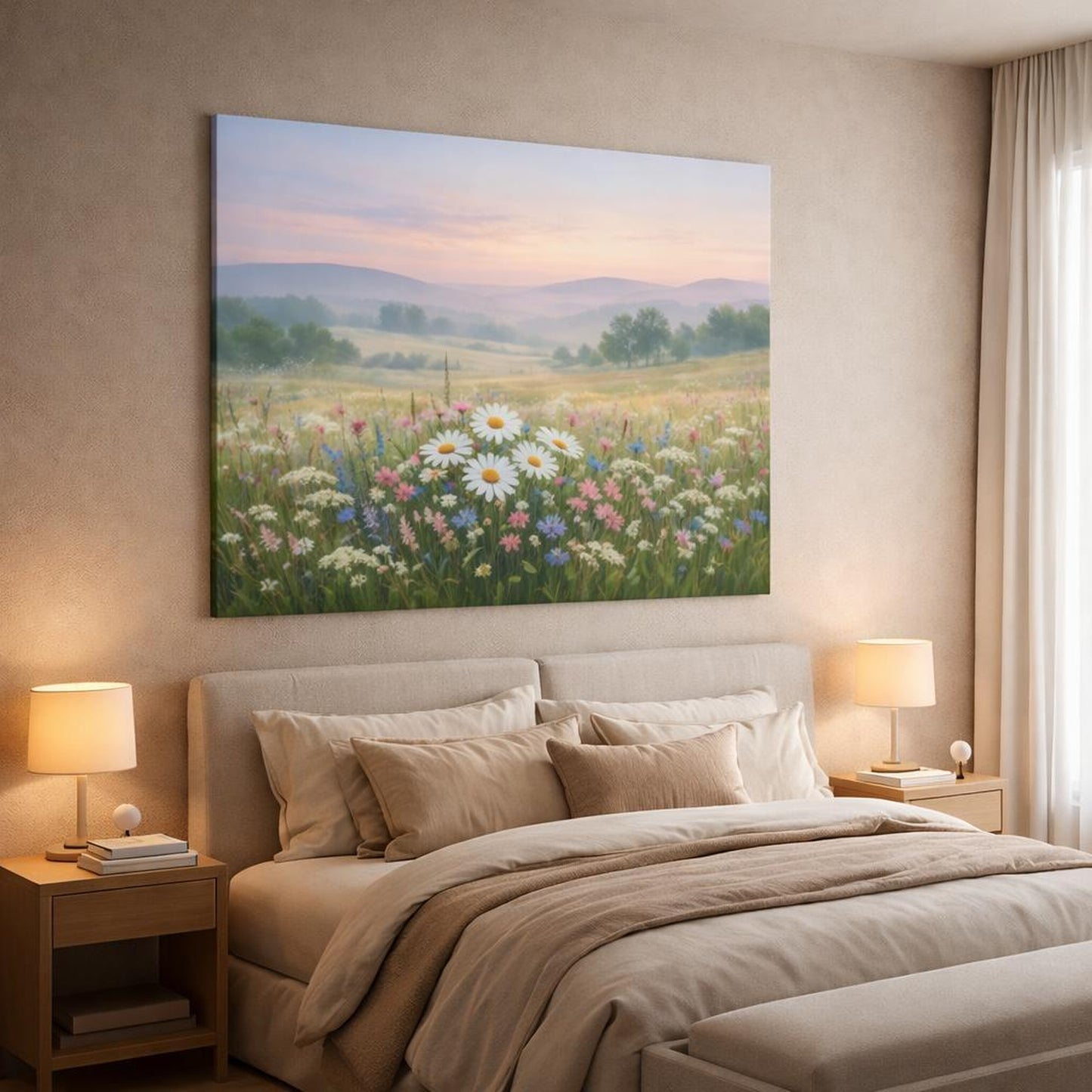 Ethereal Wildflowers Countryside shown as canvas wall art in a luxury bedroom