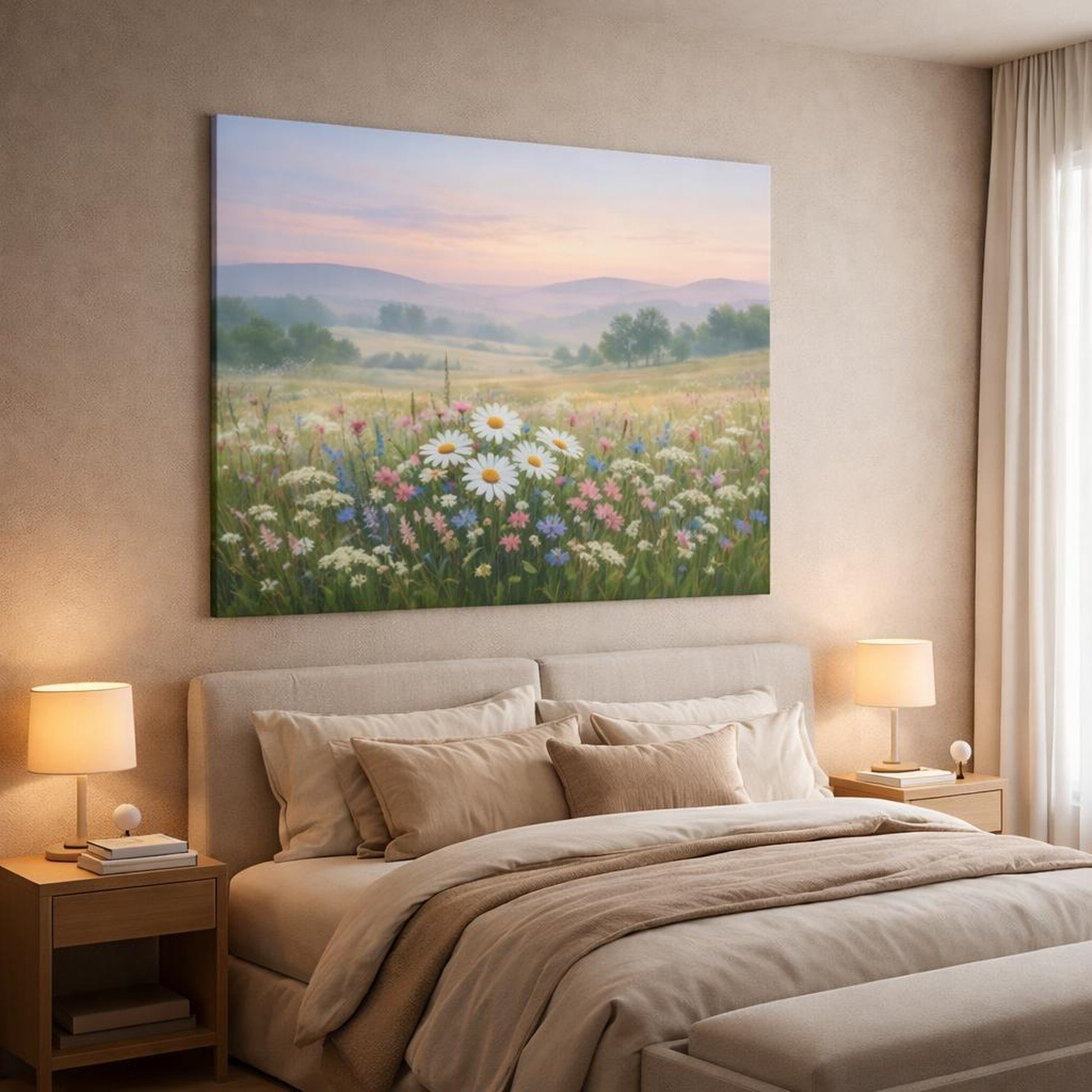 Ethereal Wildflowers Countryside shown as canvas wall art in a luxury bedroom