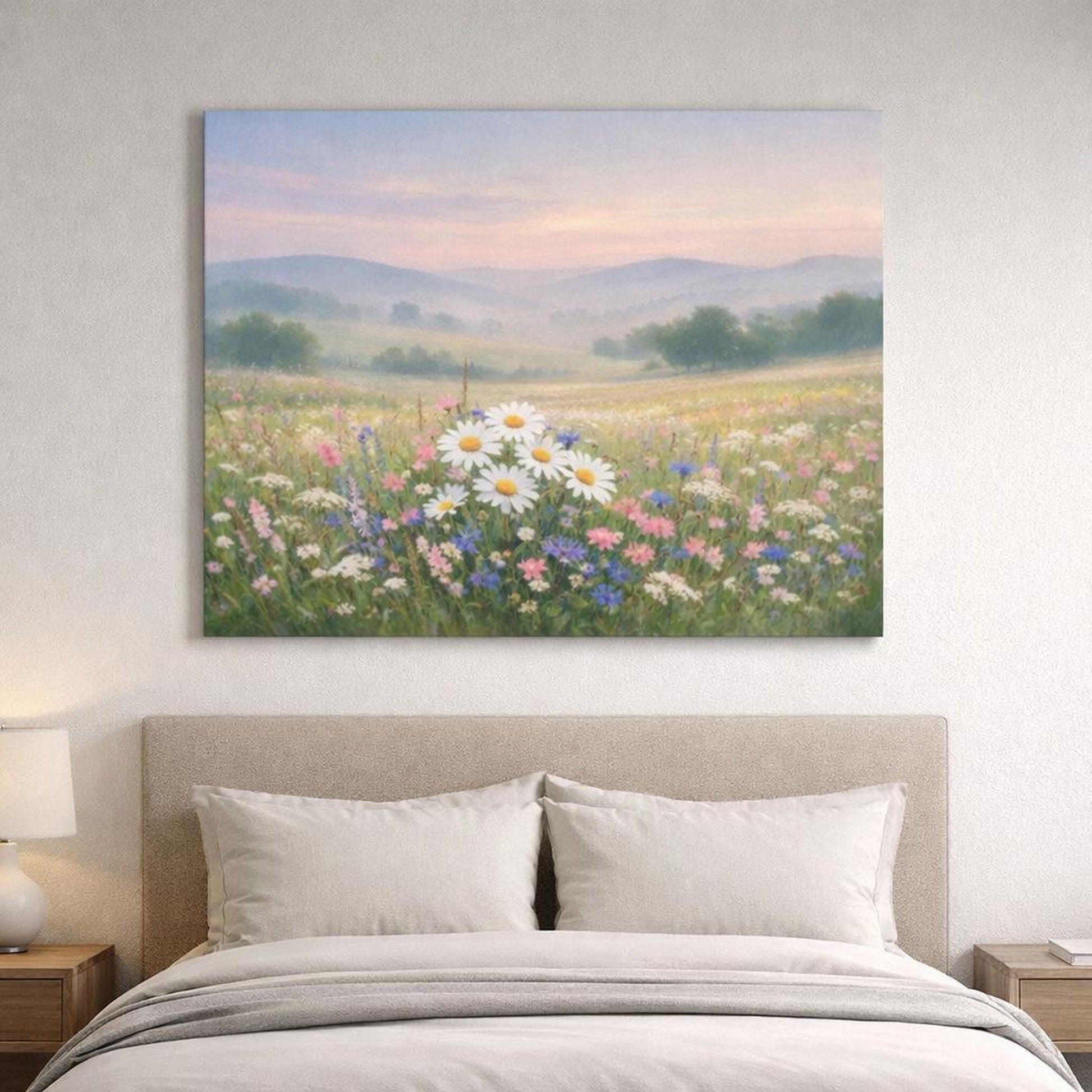 Ethereal Wildflowers Countryside shown as canvas wall art in a refined dining room