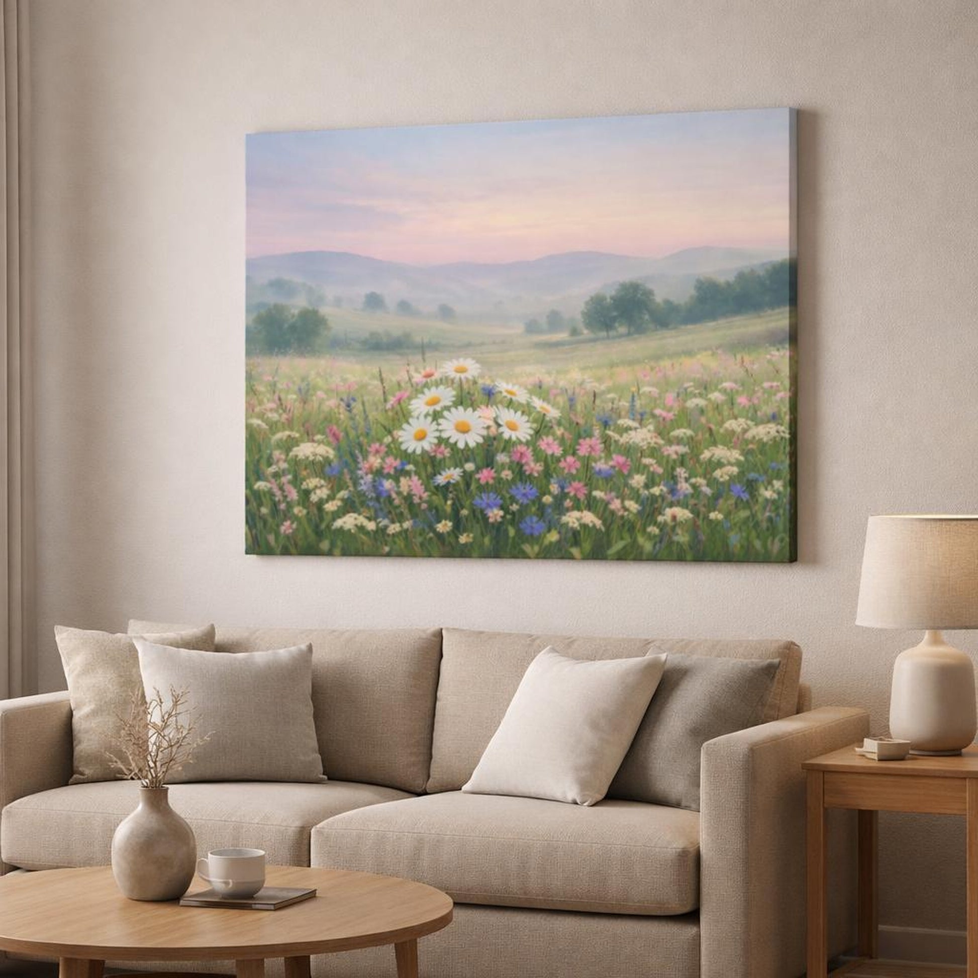 Ethereal Wildflowers Countryside shown as canvas wall art in a modern living room