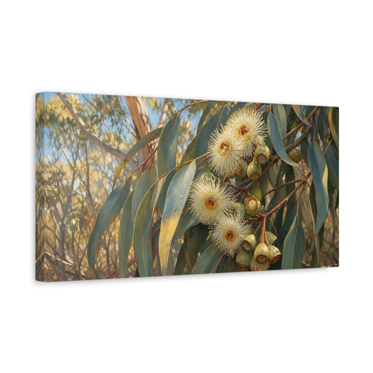 Side Mockup 3. Eucalyptus Blossoms Floral shown as canvas print