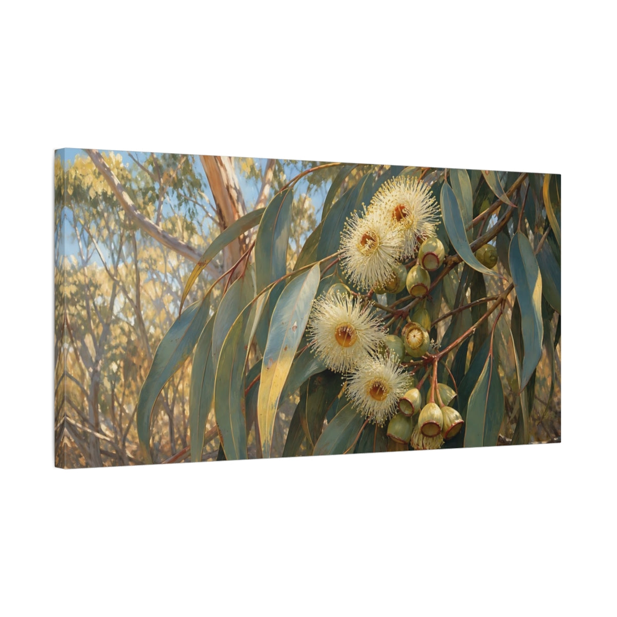 Side Mockup 1. Eucalyptus Blossoms Floral shown as canvas print