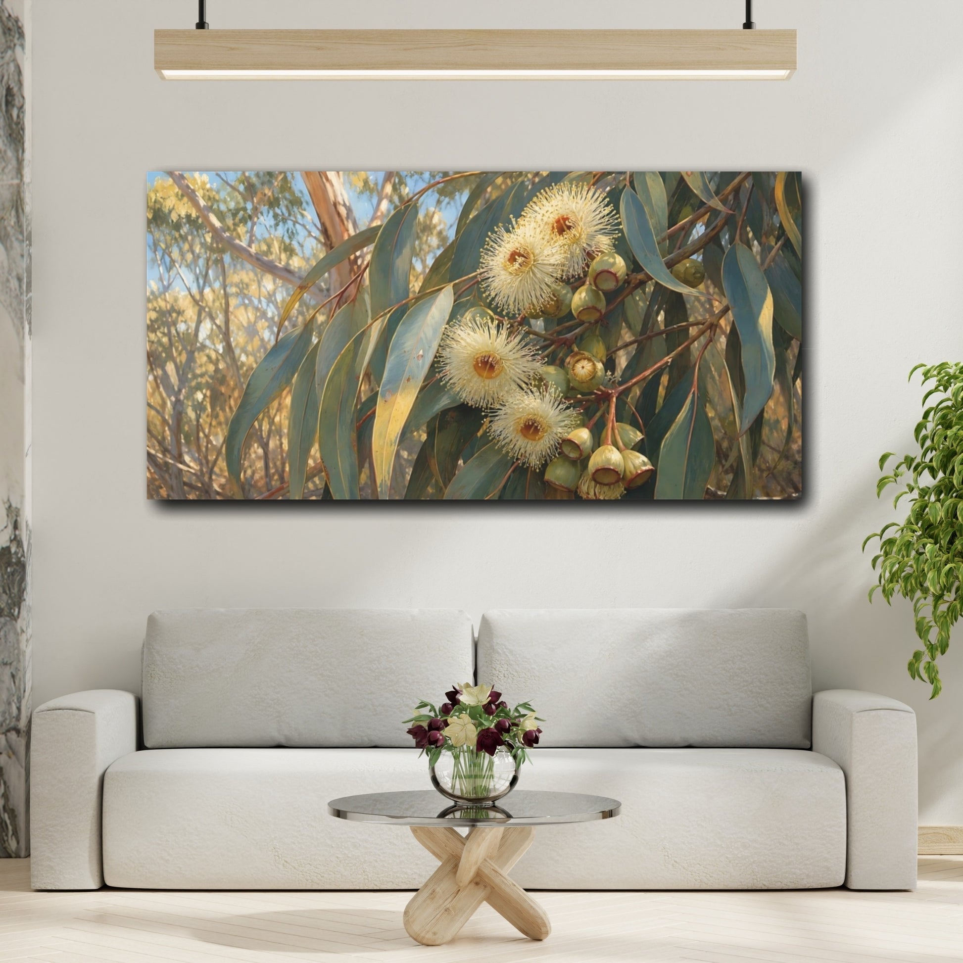 Mockup 2. Eucalyptus Blossoms Floral shown as canvas print