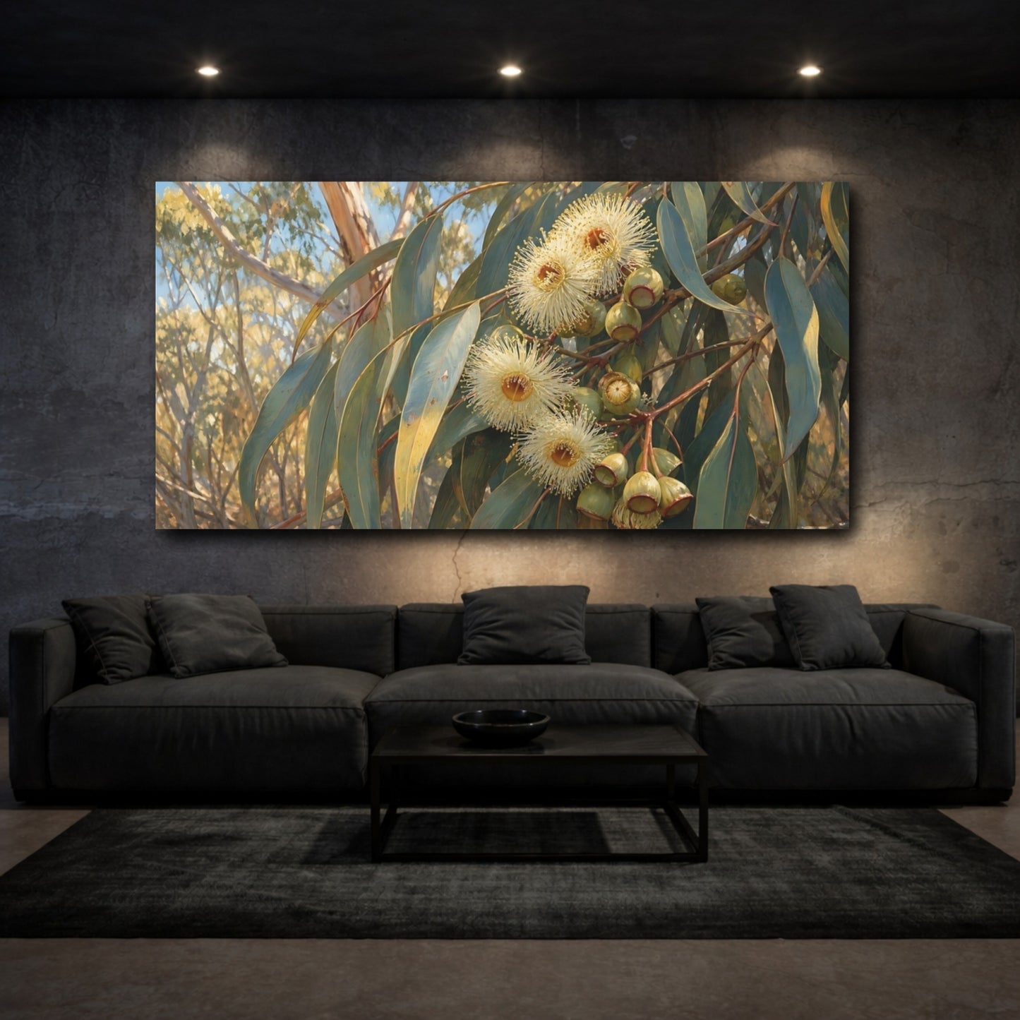 Mockup 3. Eucalyptus Blossoms Floral shown as canvas print