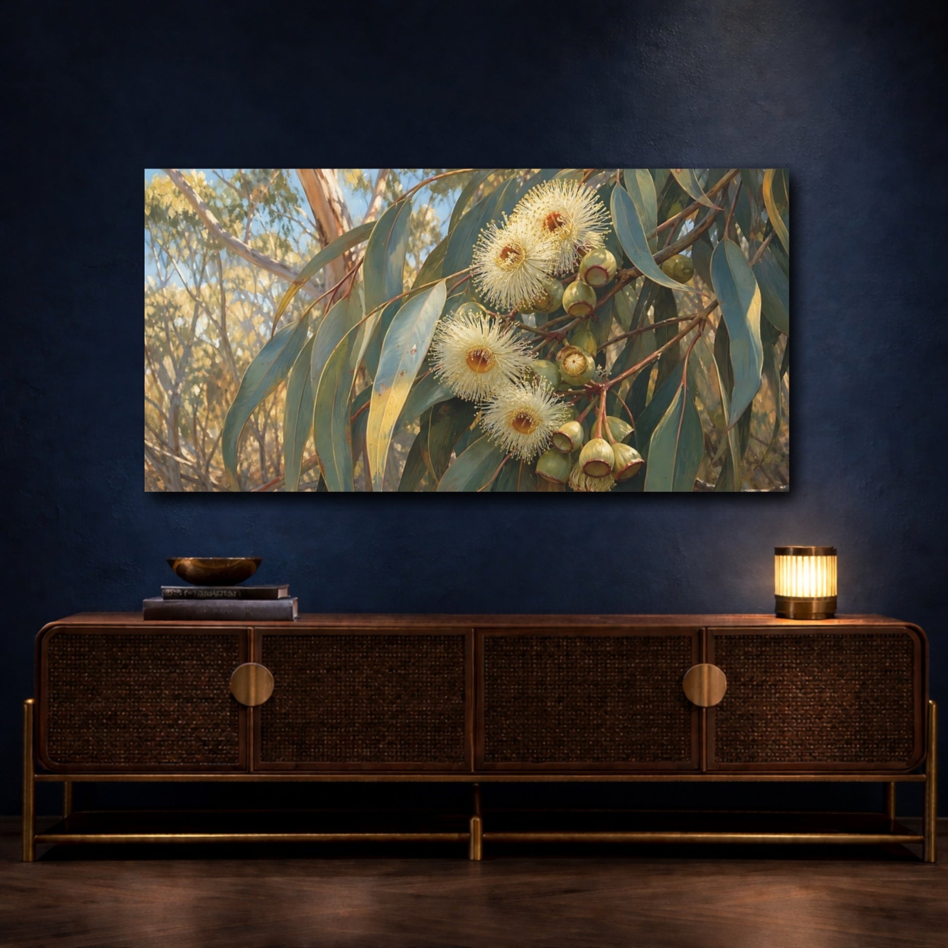 Mockup 4. Eucalyptus Blossoms Floral shown as canvas print