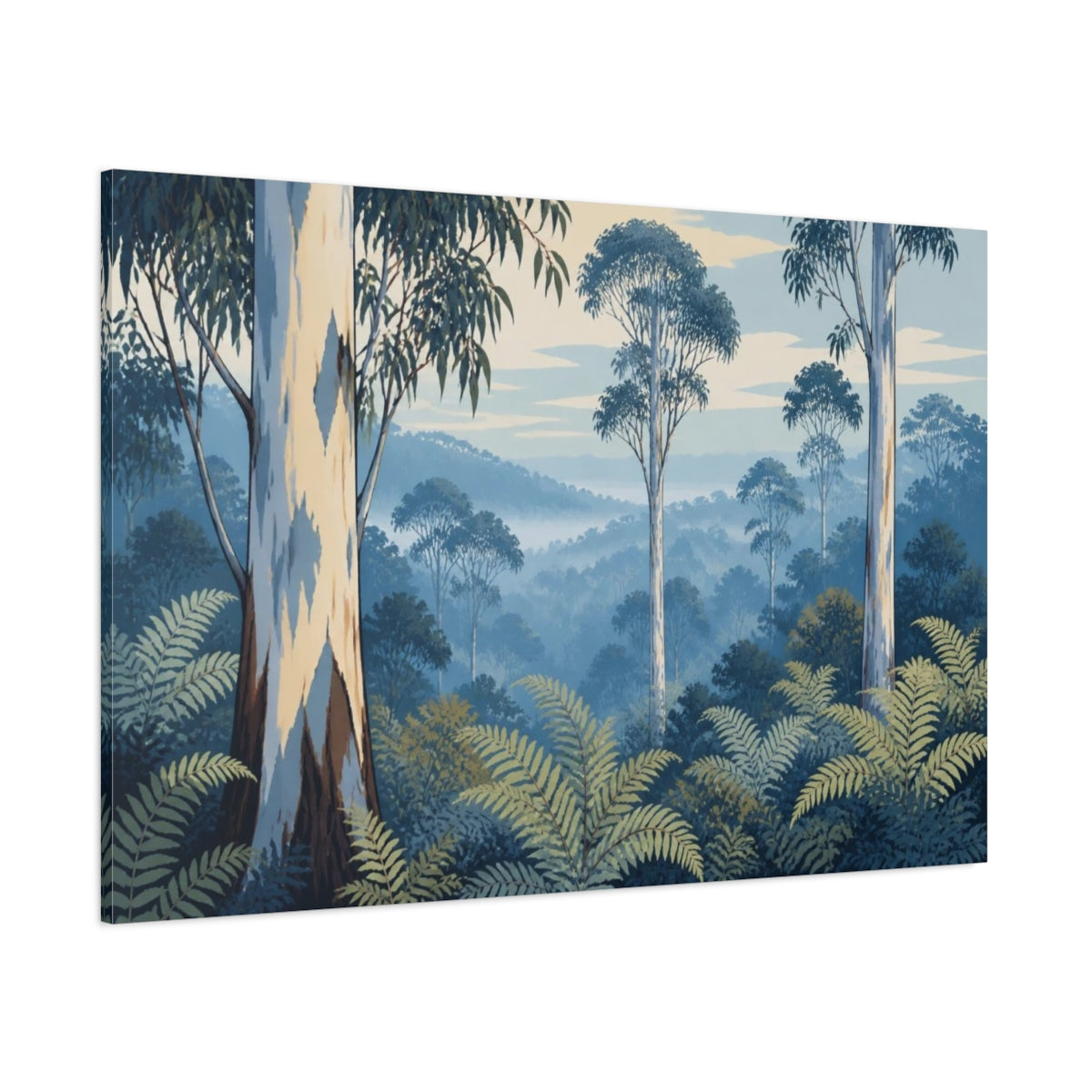 Side Mockup 1. Eucalyptus Morning Landscape shown as canvas print