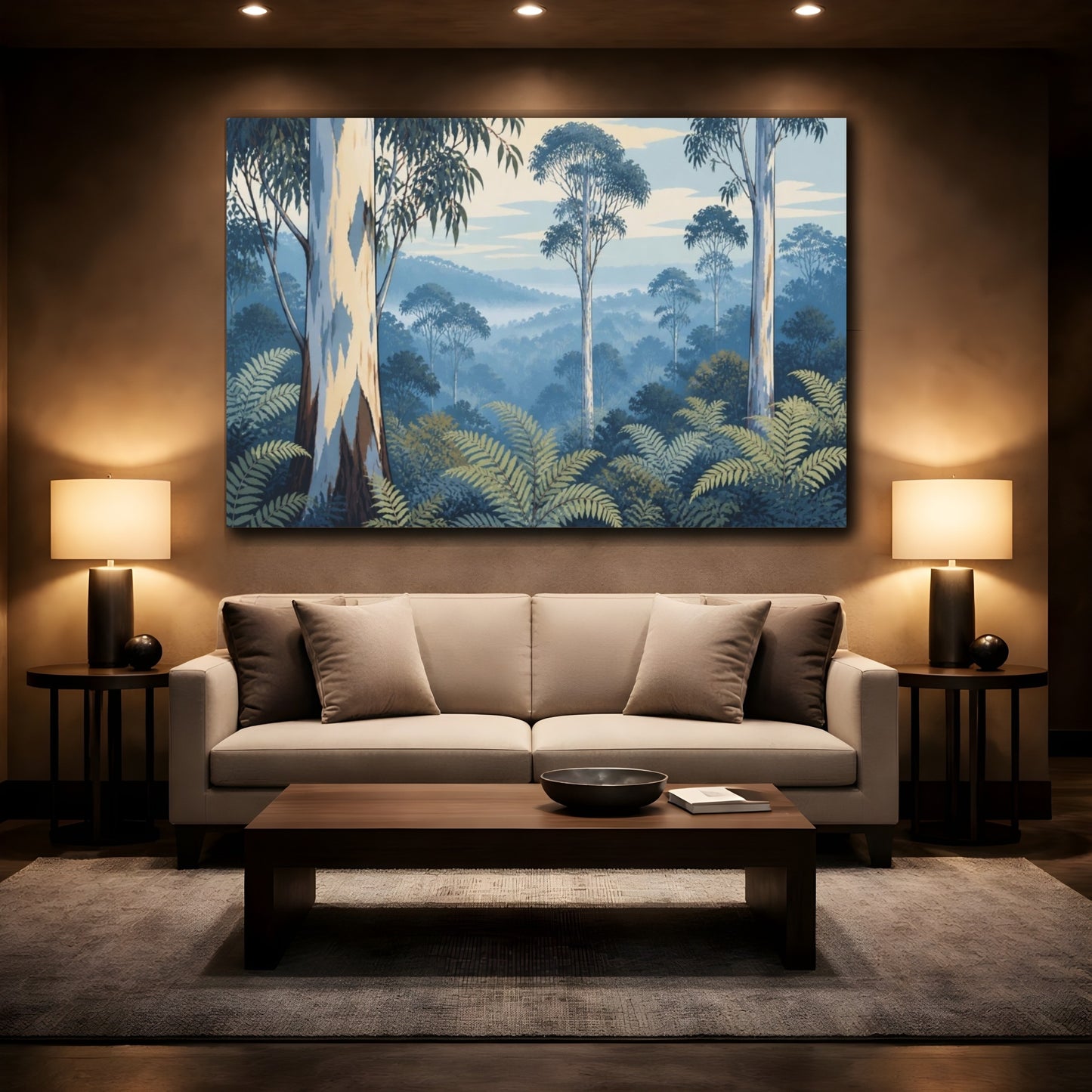 Mockup 2. Eucalyptus Morning Landscape shown as canvas print
