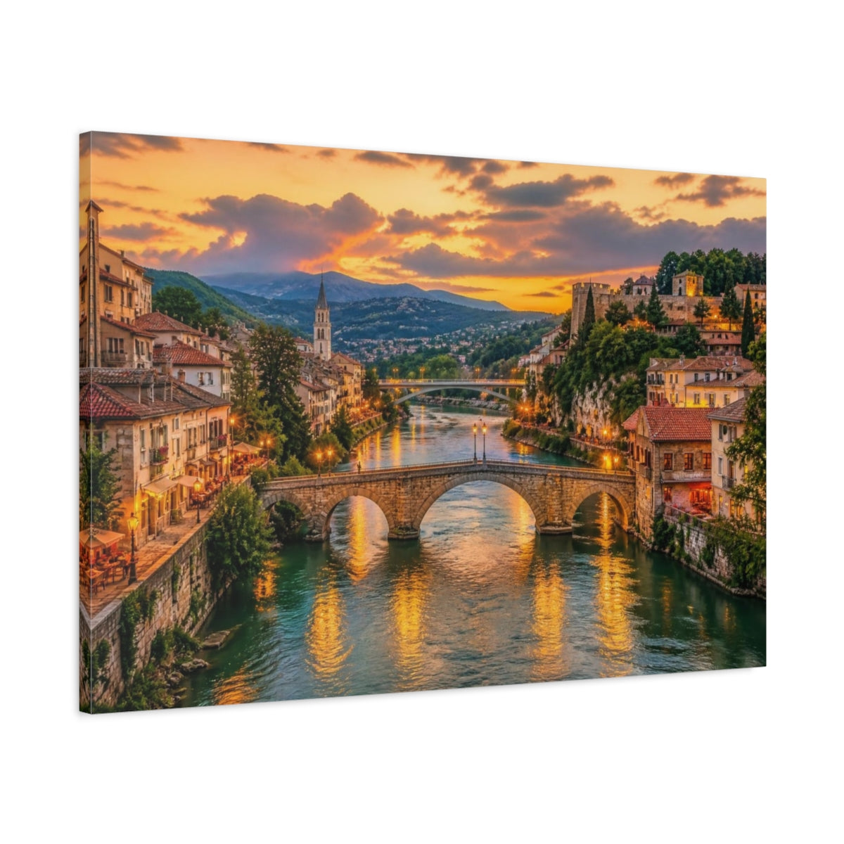 Main Mockup. European Riverside Sunset shown as canvas print