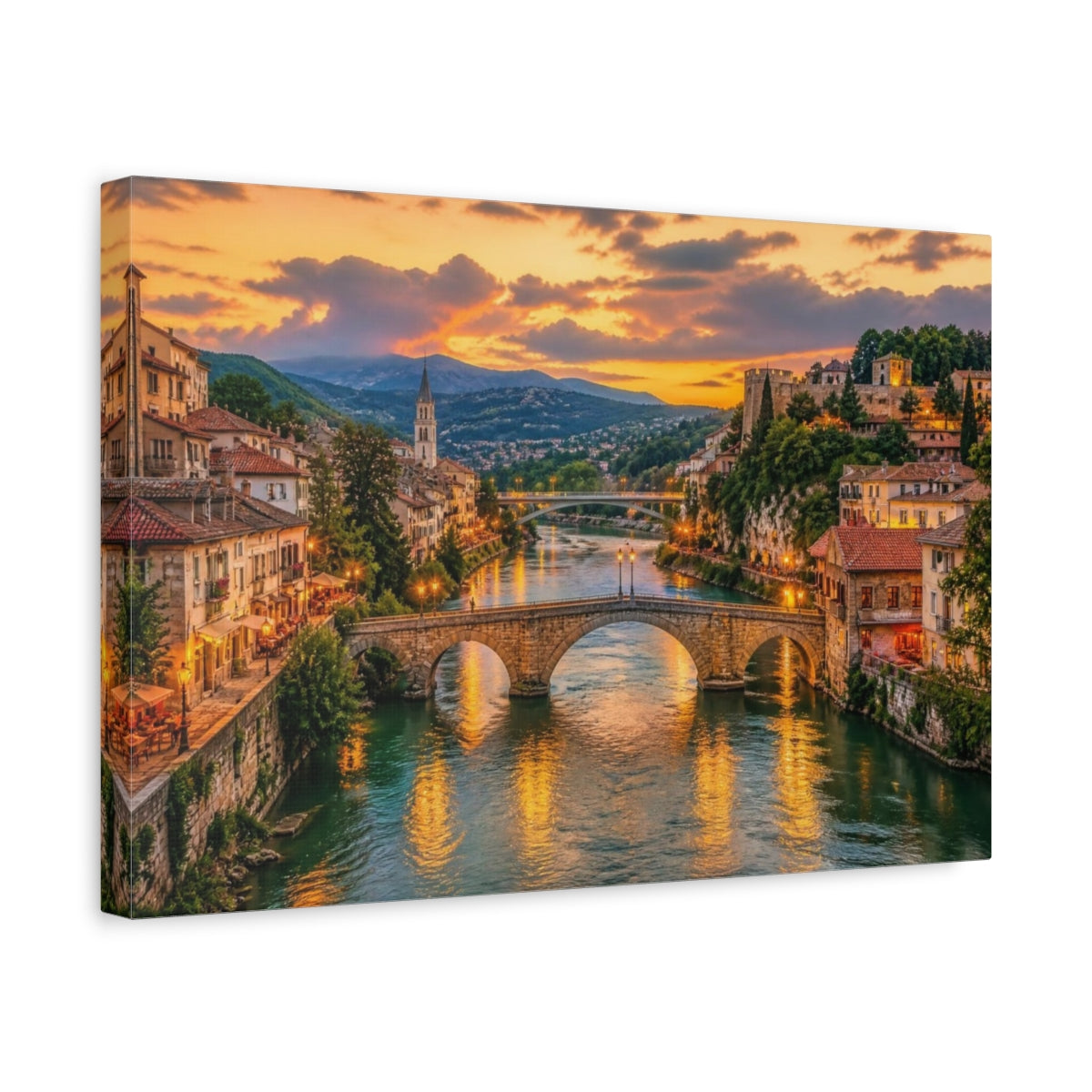 Side Mockup 4. European Riverside Sunset shown as canvas print