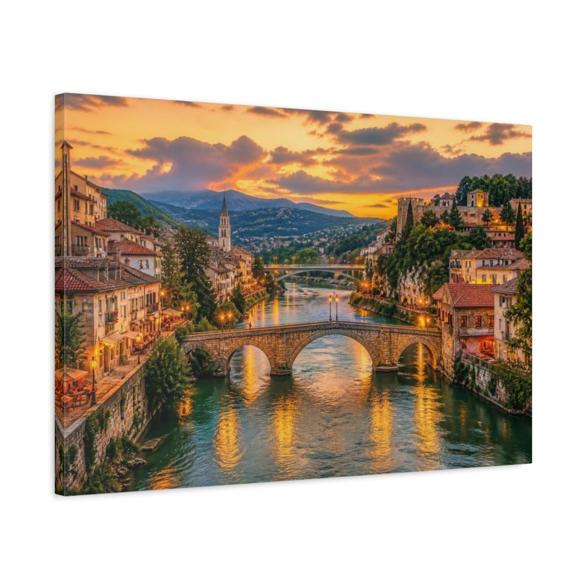 Side Mockup 2. European Riverside Sunset shown as canvas print