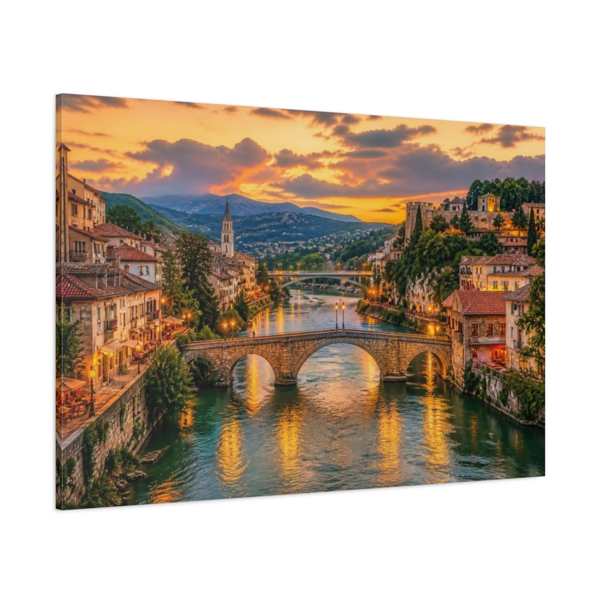 Side Mockup 1. European Riverside Sunset shown as canvas print