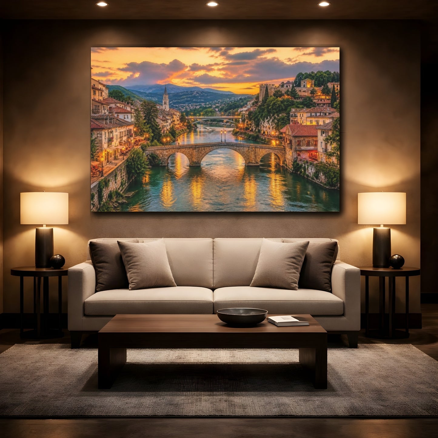 Mockup 2. European Riverside Sunset shown as canvas print