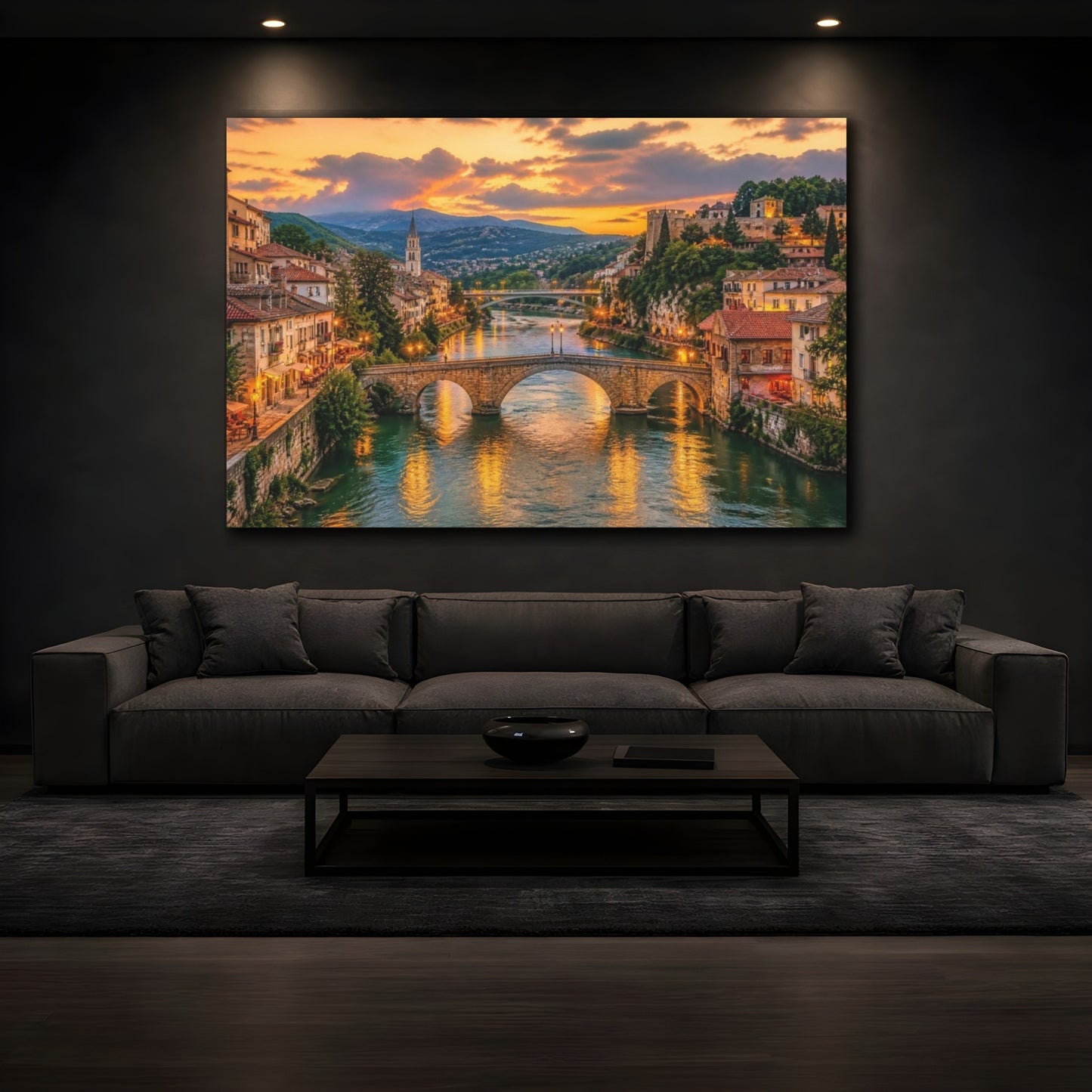 Mockup 3. European Riverside Sunset shown as canvas print