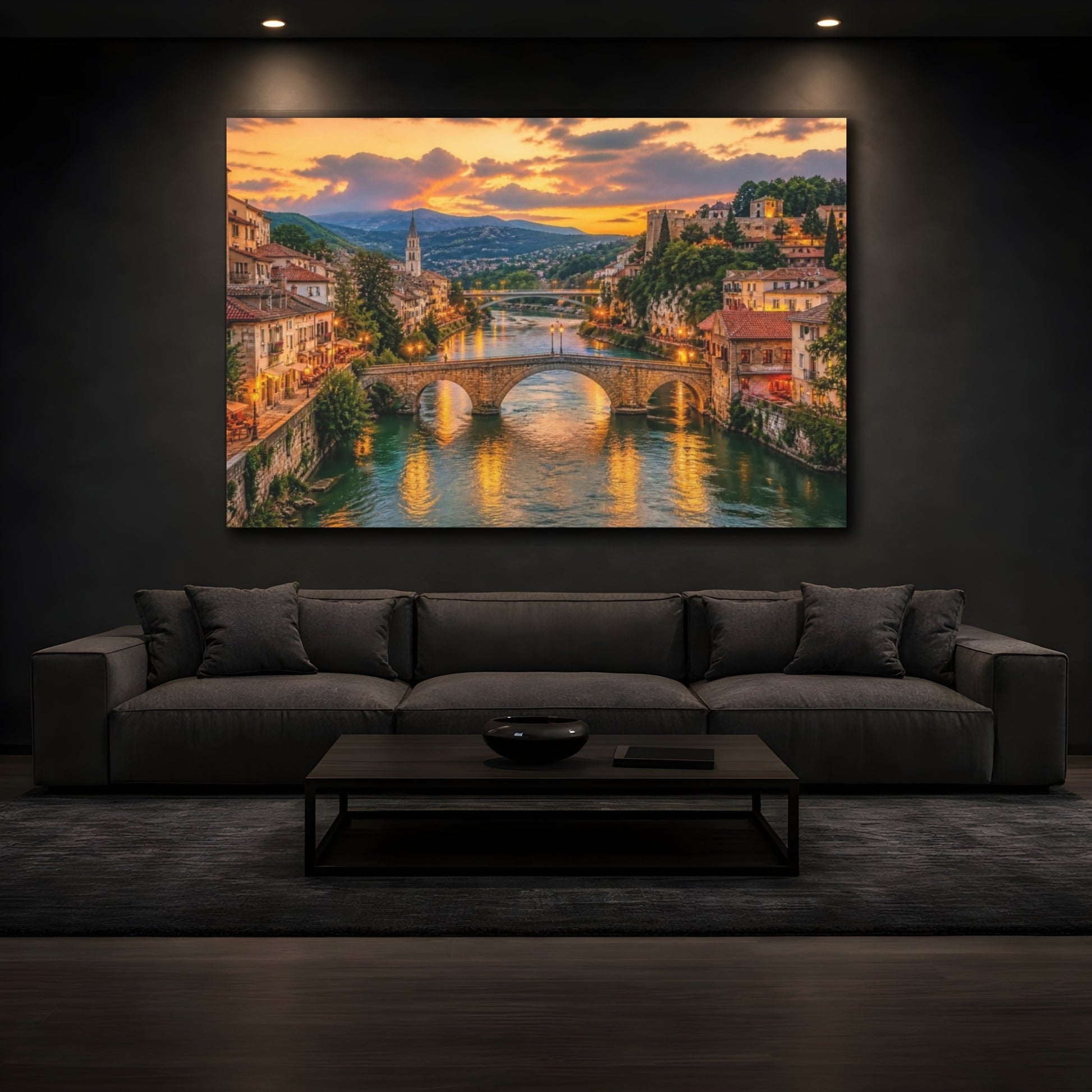Mockup 3. European Riverside Sunset shown as canvas print