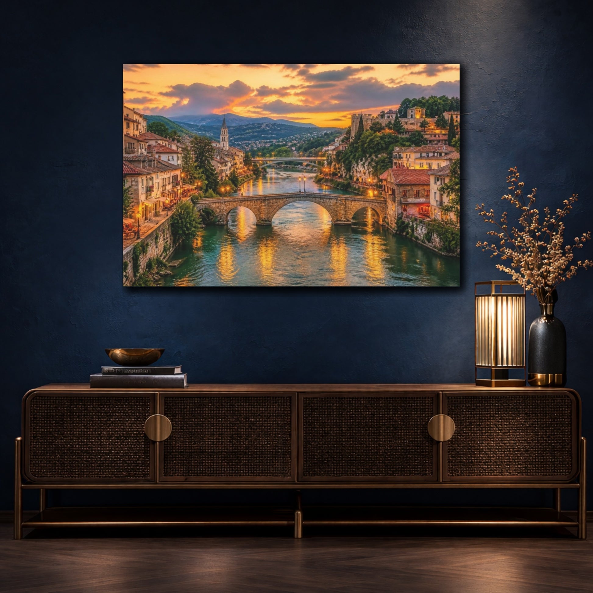 Mockup 4. European Riverside Sunset shown as canvas print