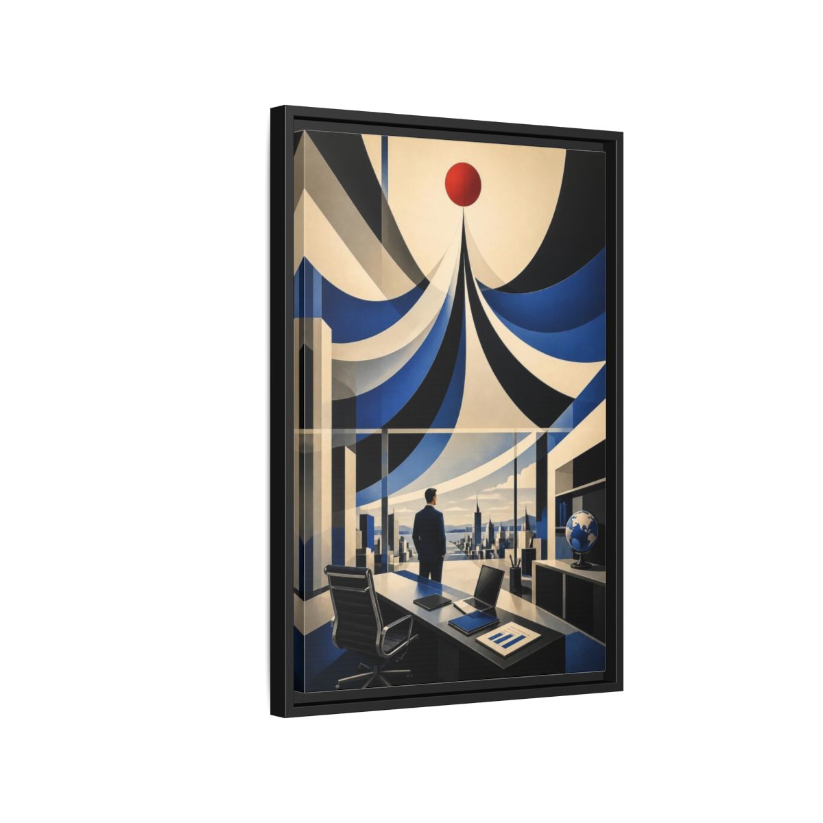 Side Mockup 3. Executive Office Red Pulse shown as framed canvas print