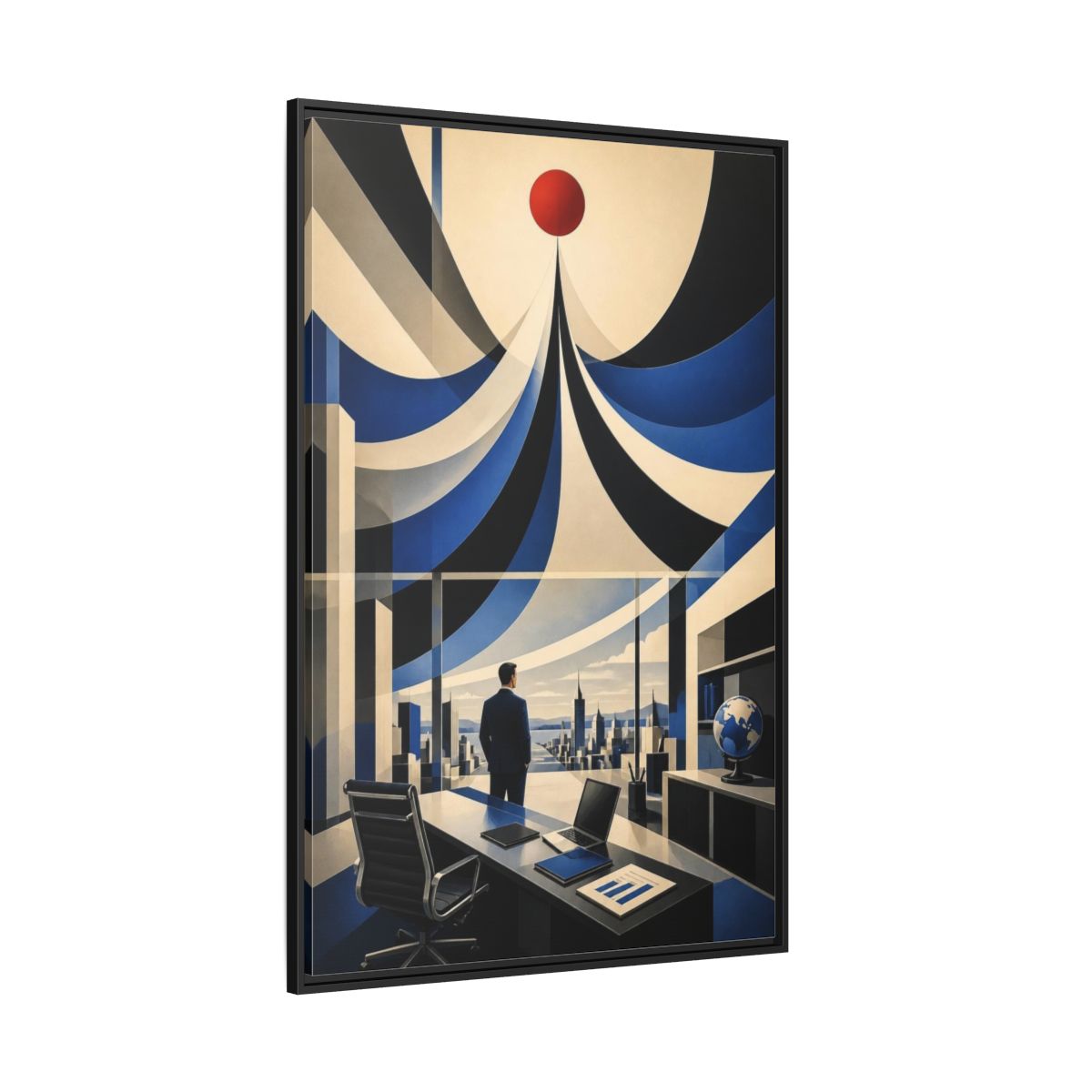 Side Mockup 12. Executive Office Red Pulse shown as framed canvas print
