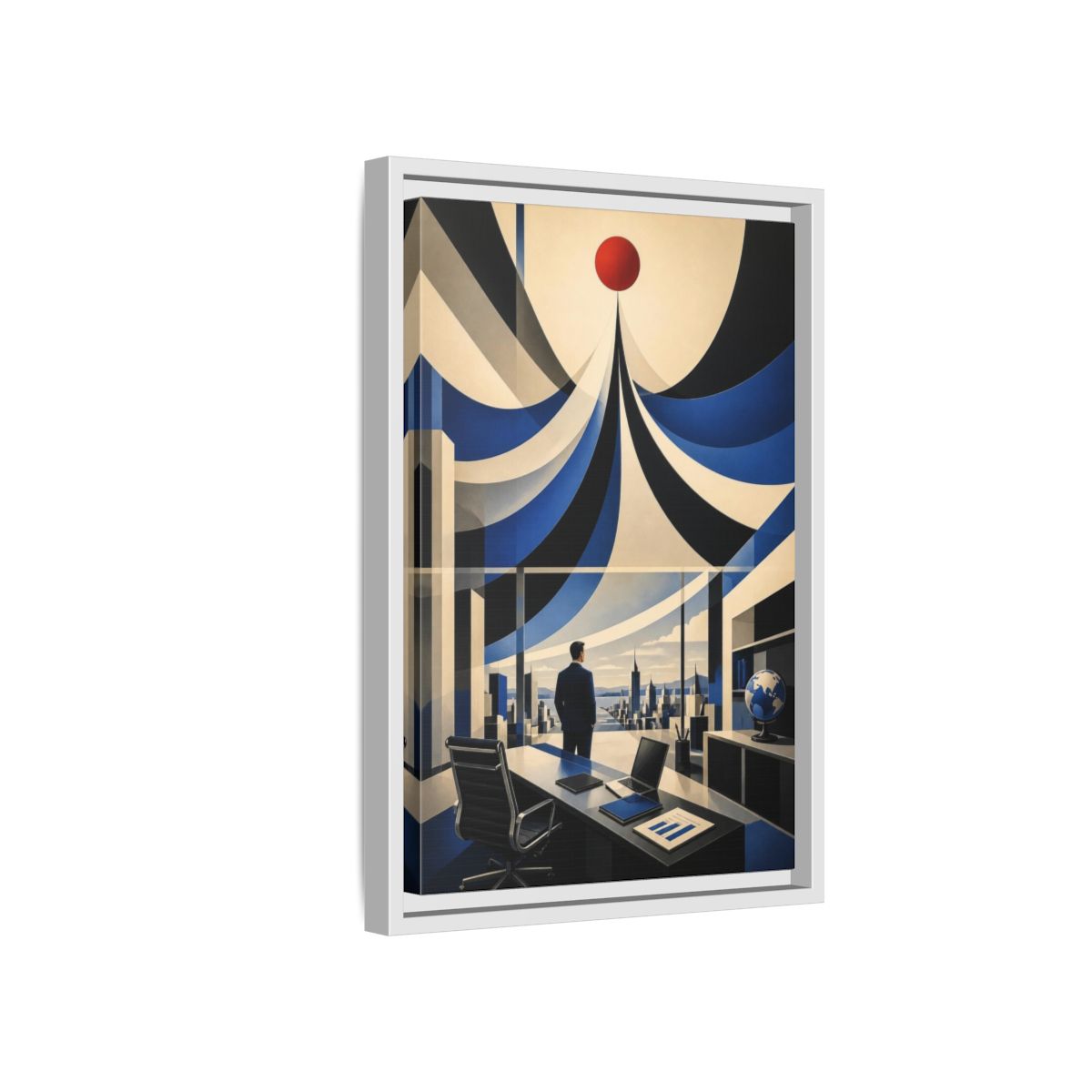 Side Mockup 4. Executive Office Red Pulse shown as framed canvas print