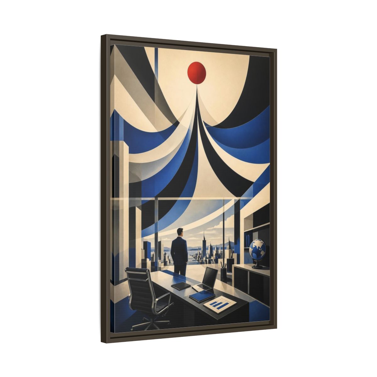 Side Mockup 11. Executive Office Red Pulse shown as framed canvas print