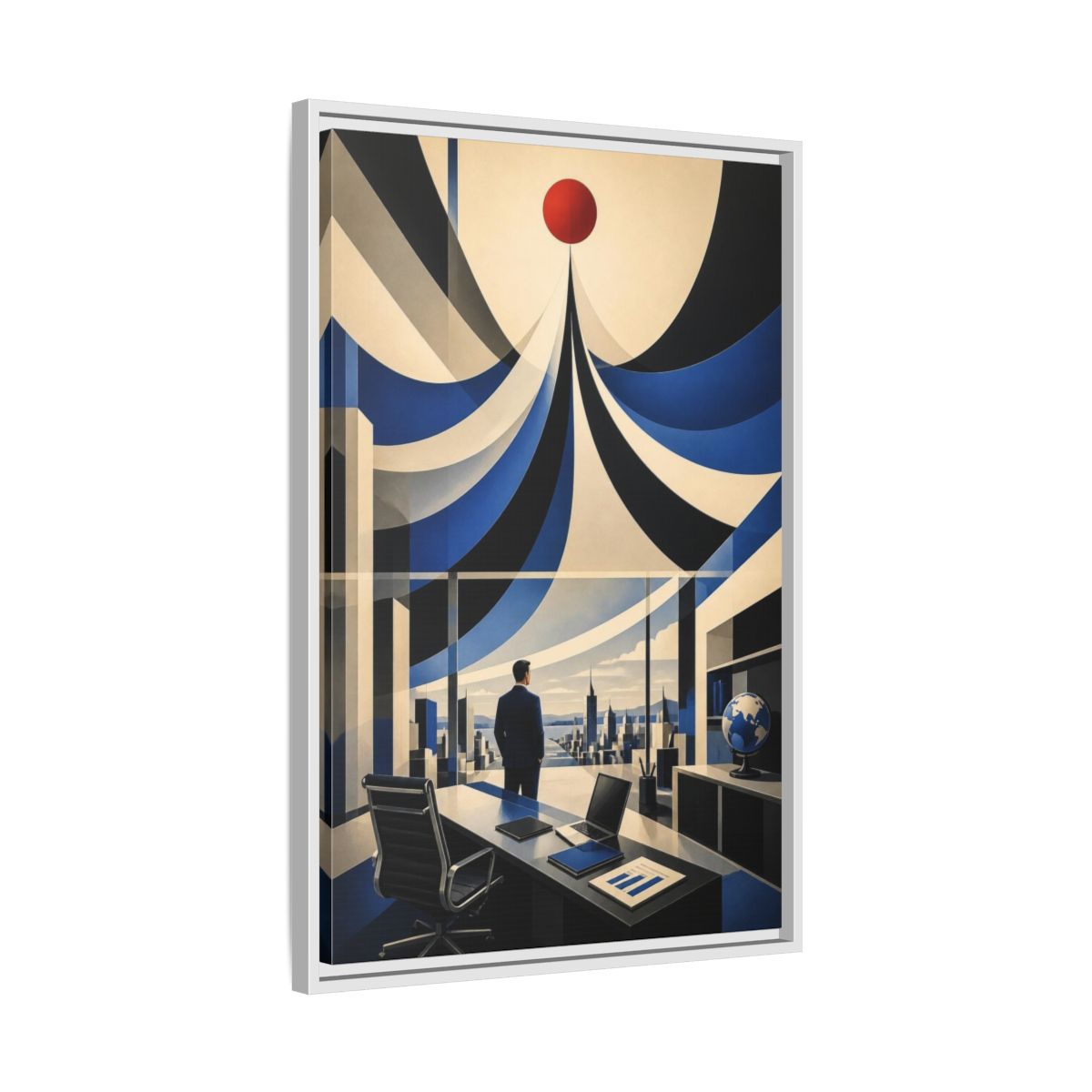 Side Mockup 10. Executive Office Red Pulse shown as framed canvas print
