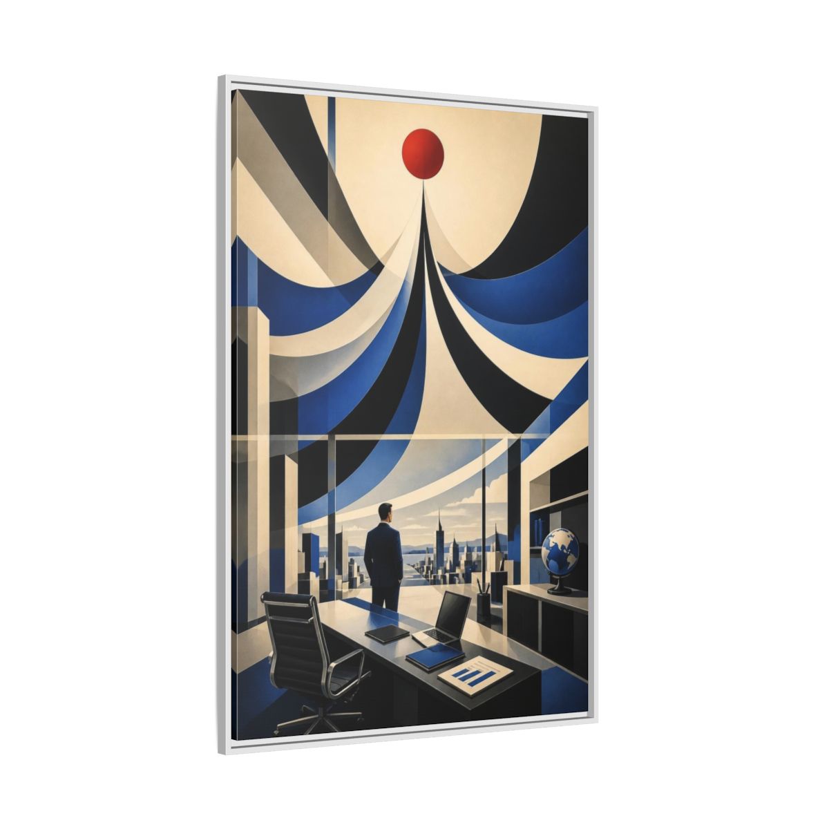 Side Mockup 7. Executive Office Red Pulse shown as framed canvas print