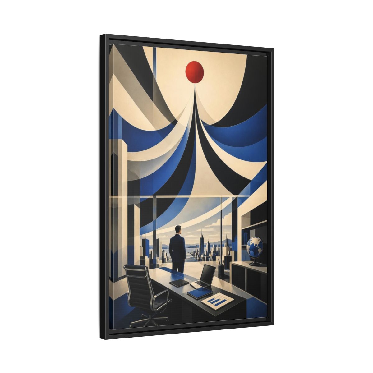 Side Mockup 14. Executive Office Red Pulse shown as framed canvas print