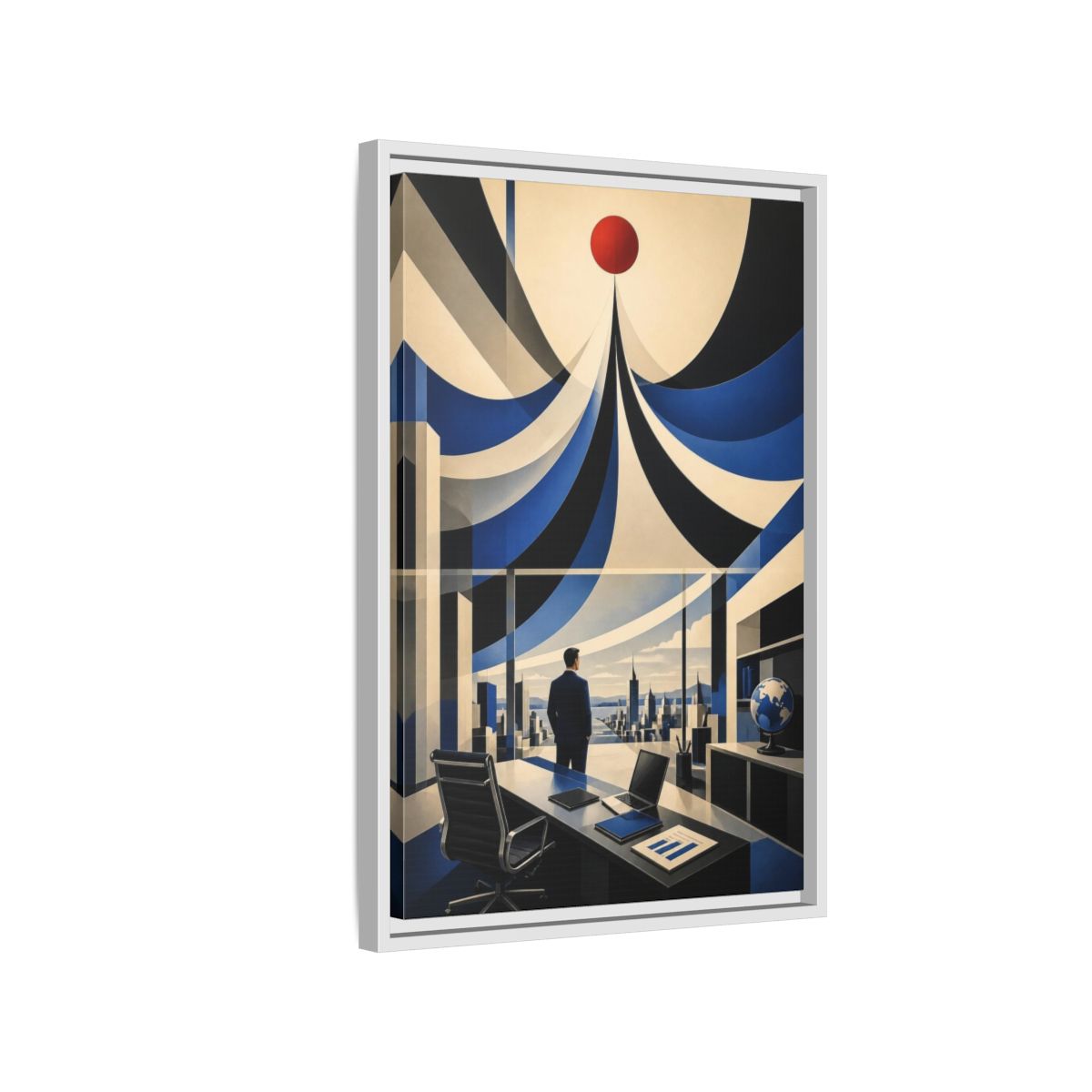 Side Mockup 1. Executive Office Red Pulse shown as framed canvas print