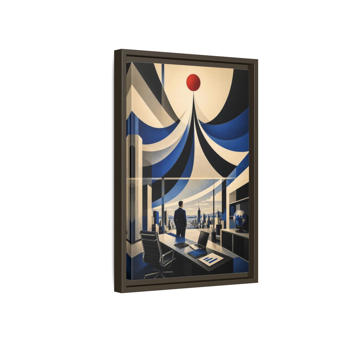 Side Mockup 5. Executive Office Red Pulse shown as framed canvas print
