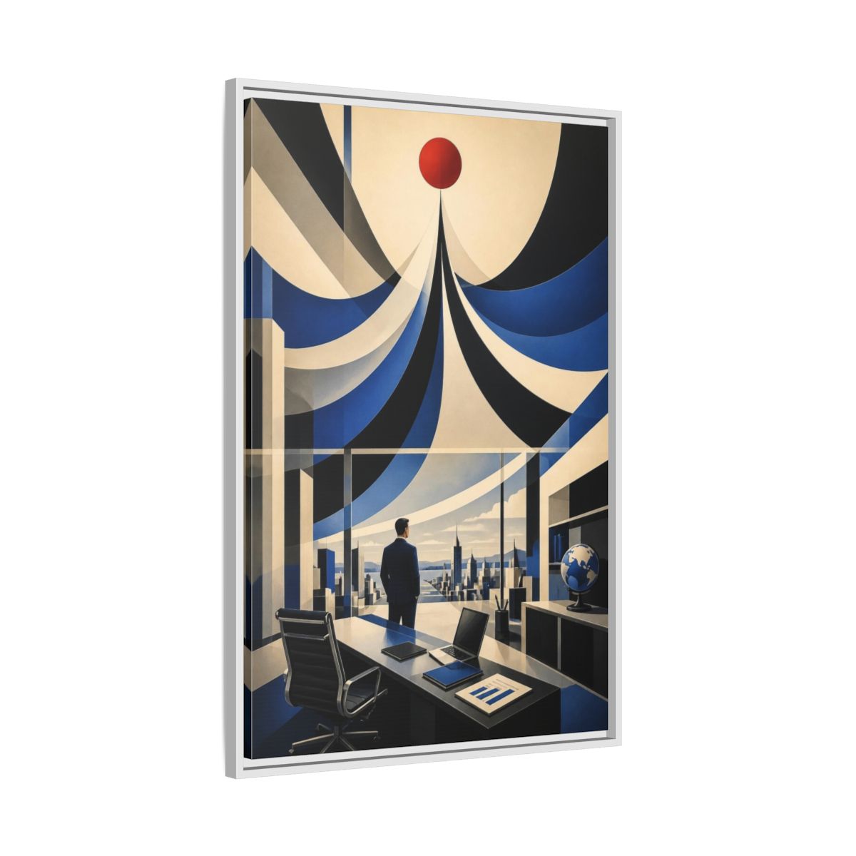 Side Mockup 9. Executive Office Red Pulse shown as framed canvas print