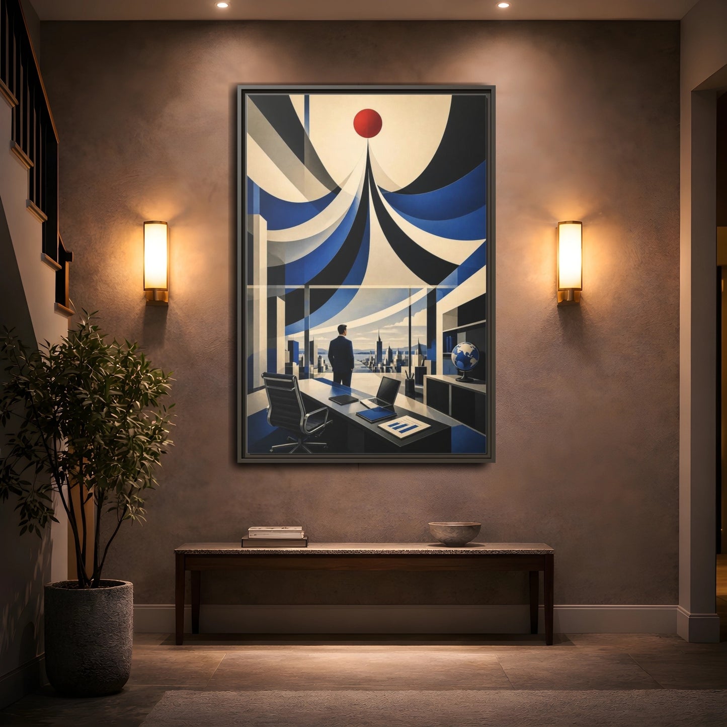 Mockup 2. Executive Office Red Pulse shown as framed canvas print