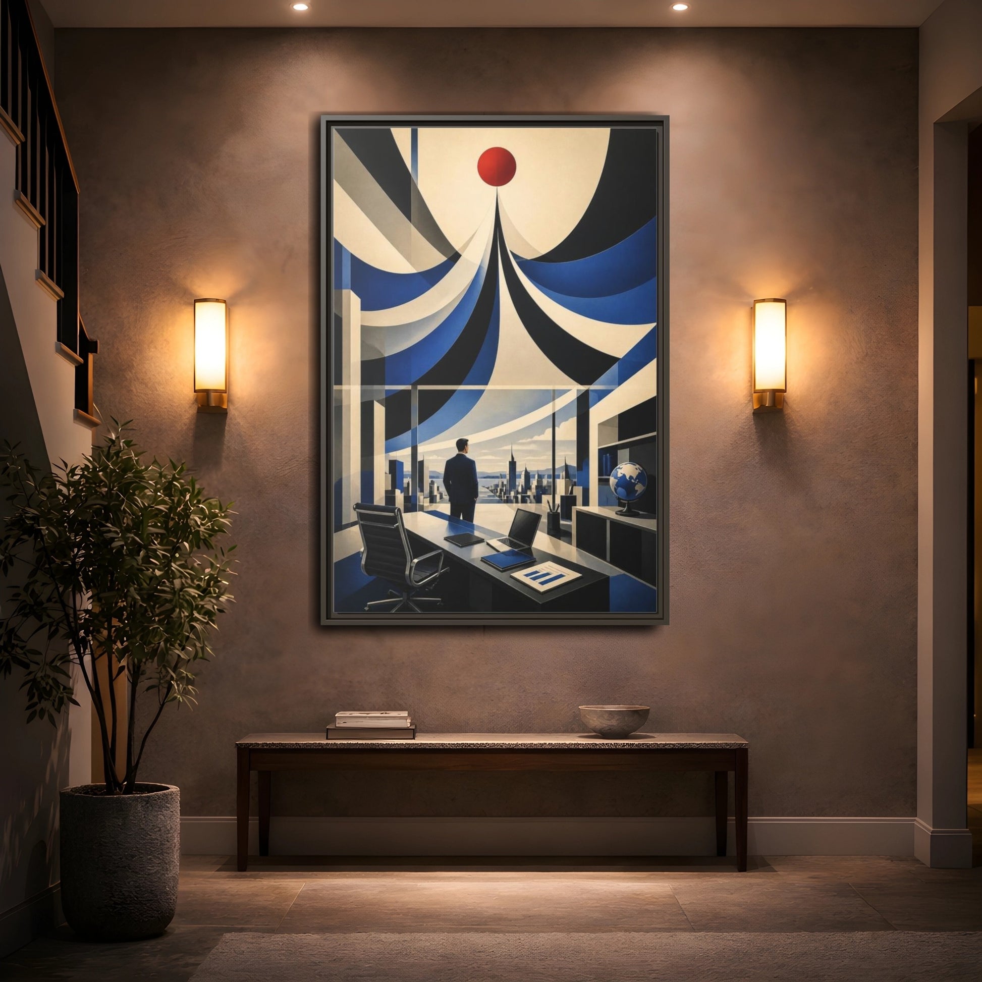 Mockup 2. Executive Office Red Pulse shown as framed canvas print