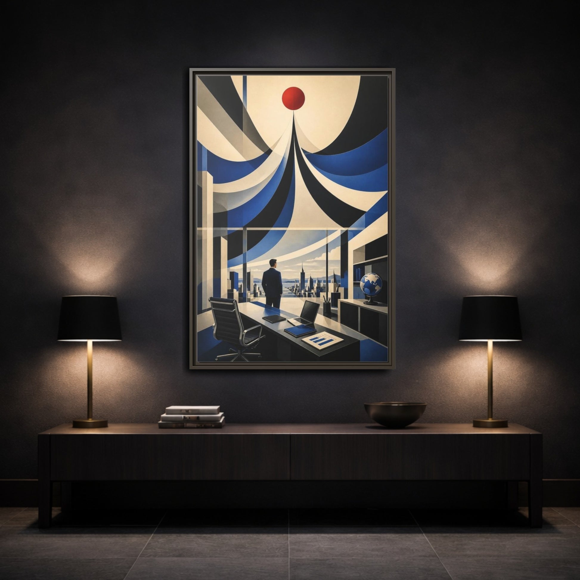 Mockup 3. Executive Office Red Pulse shown as framed canvas print