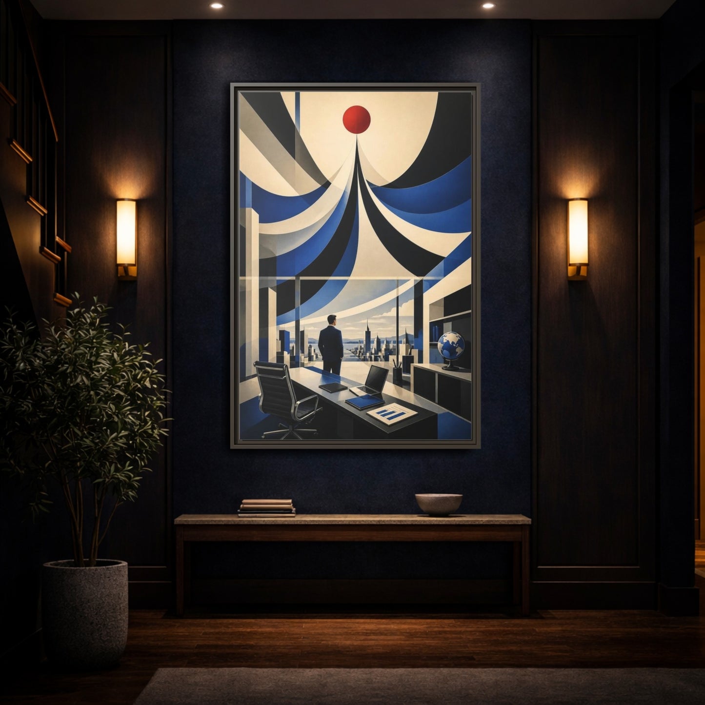 Mockup 4. Executive Office Red Pulse shown as framed canvas print