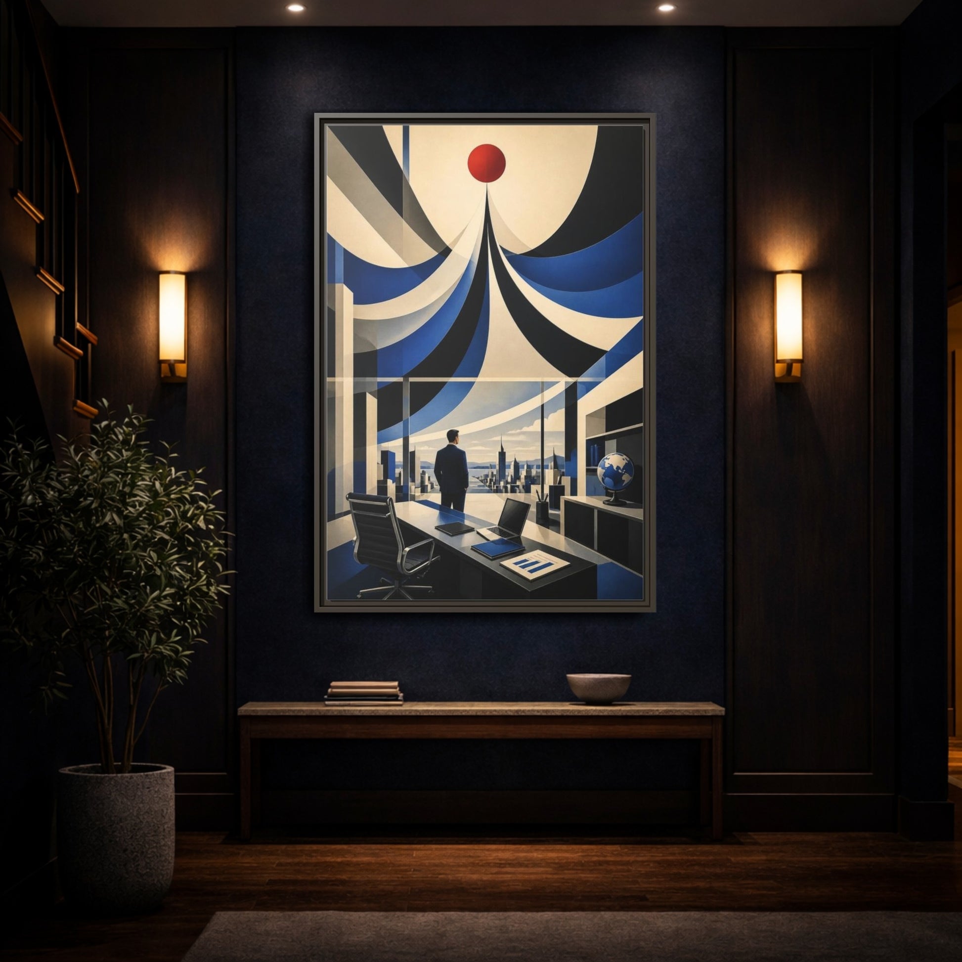 Mockup 4. Executive Office Red Pulse shown as framed canvas print