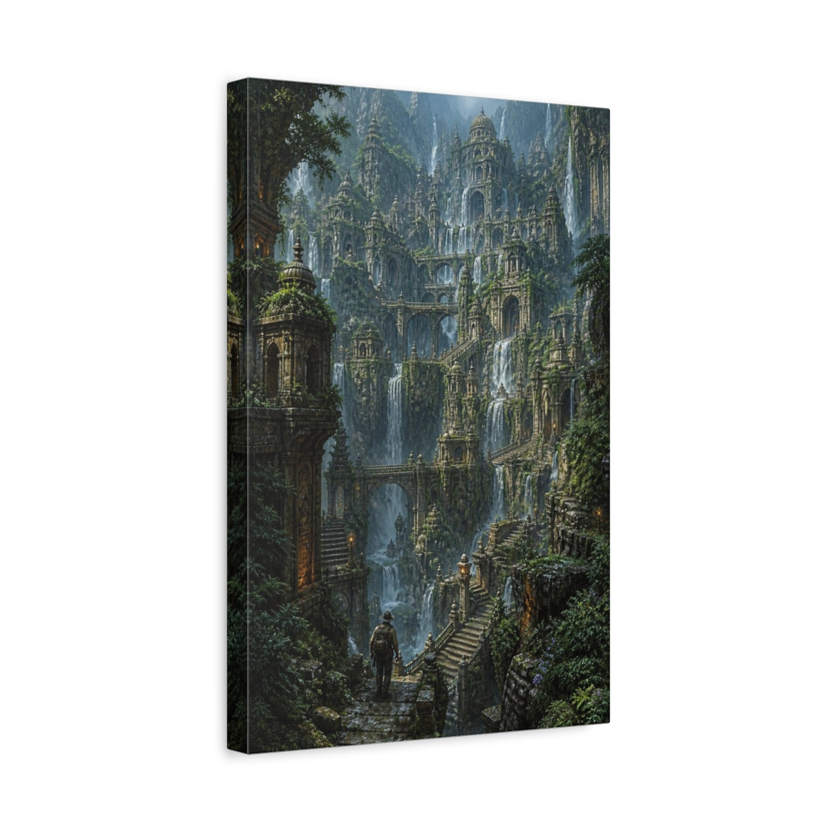 Side Mockup 4. Explorer At Waterfall Citadel shown as canvas print