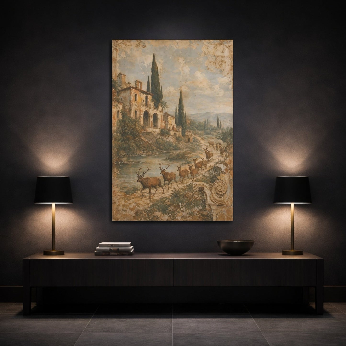Faded Fresco Wildlife Scene Crumbling Villa Canvas Wall Art Print – Vintage Living Room, Above Fireplace - YesArtYes