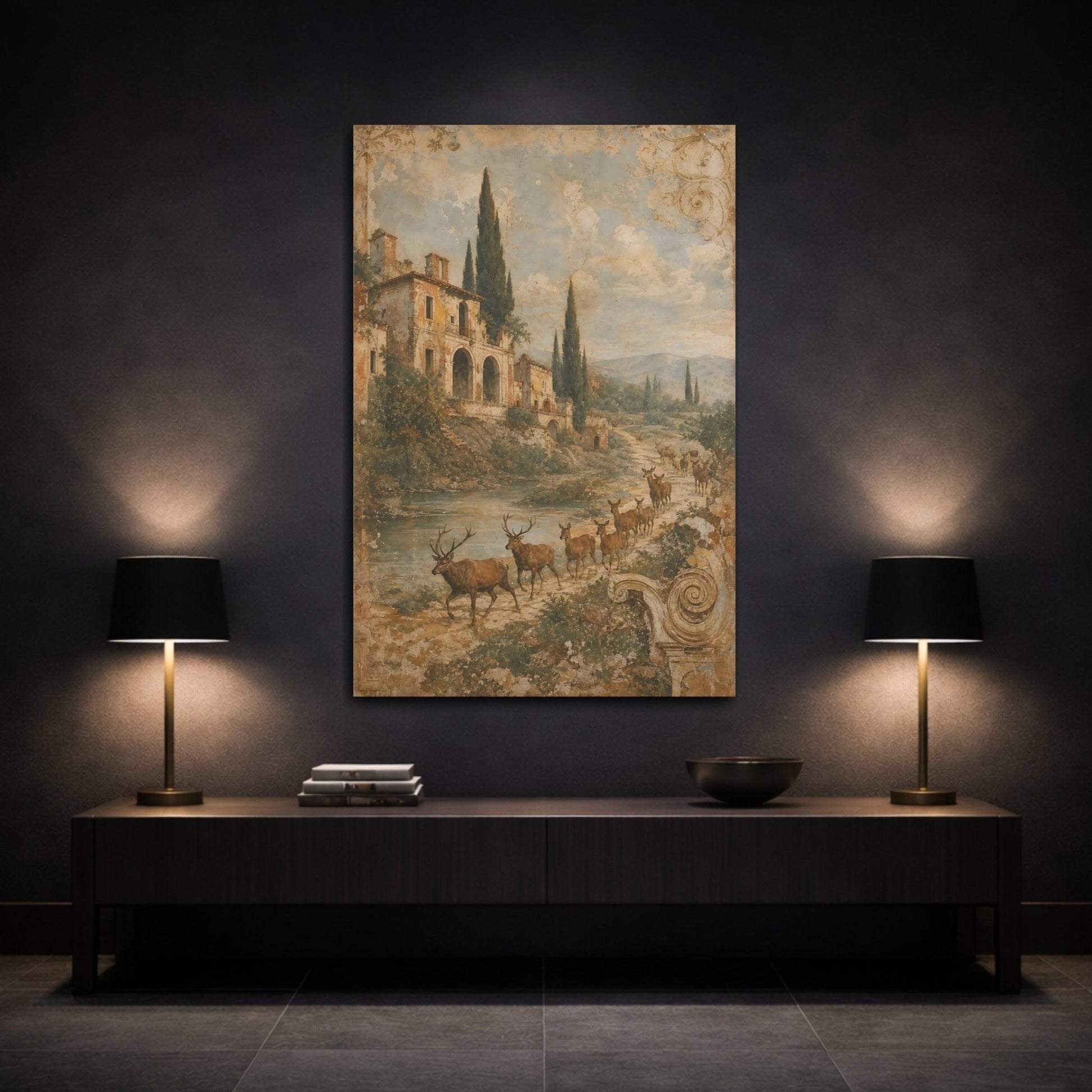 Faded Fresco Wildlife Scene Crumbling Villa Canvas Wall Art Print – Vintage Living Room, Above Fireplace - YesArtYes