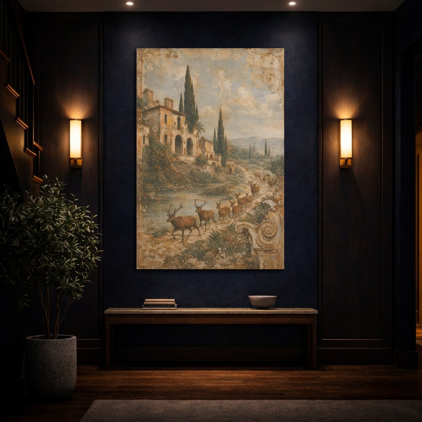 Faded Fresco Wildlife Scene Crumbling Villa Canvas Wall Art Print – Vintage Living Room, Above Fireplace - YesArtYes