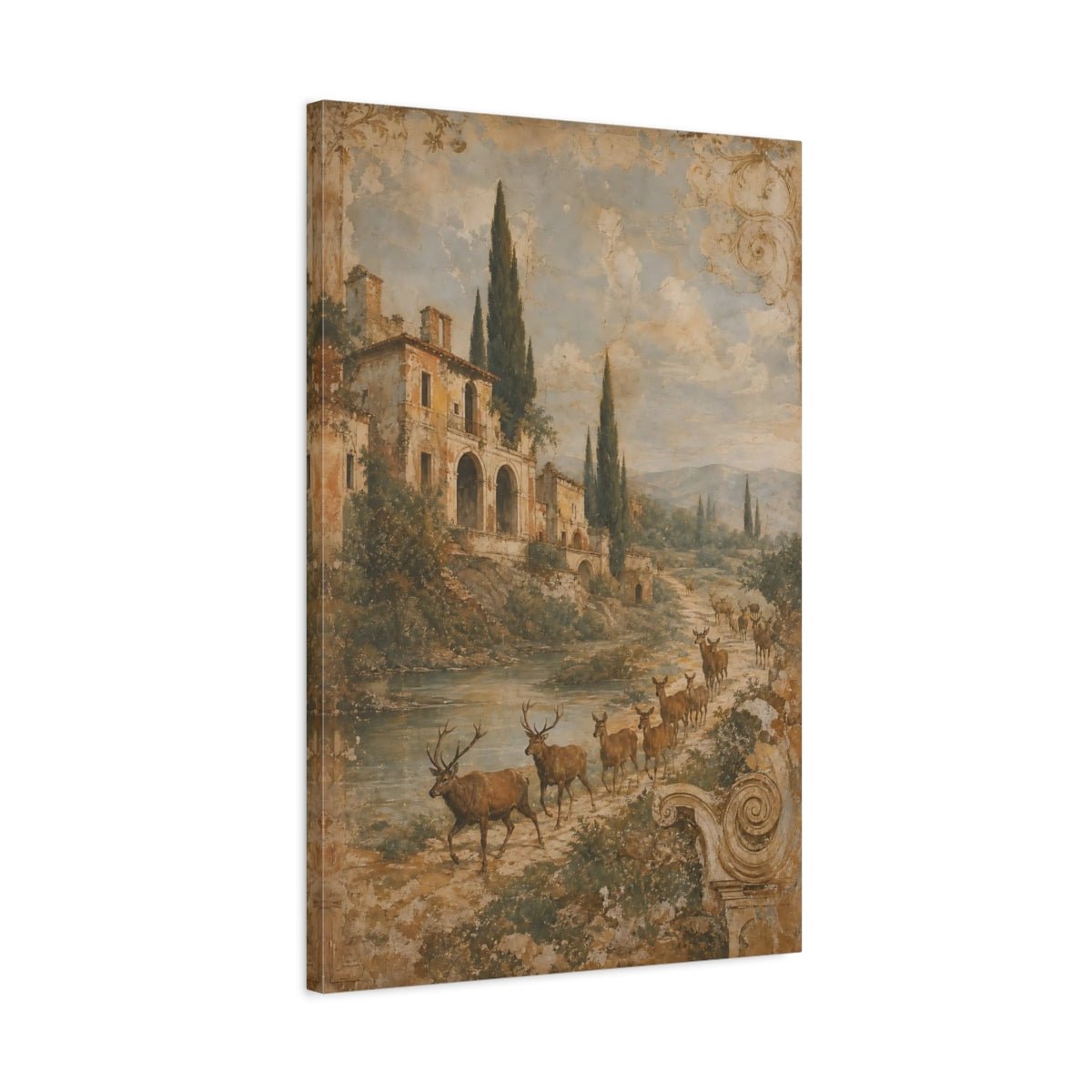 Faded Fresco Wildlife Scene Crumbling Villa Canvas Wall Art Print – Vintage Living Room, Above Fireplace - YesArtYes