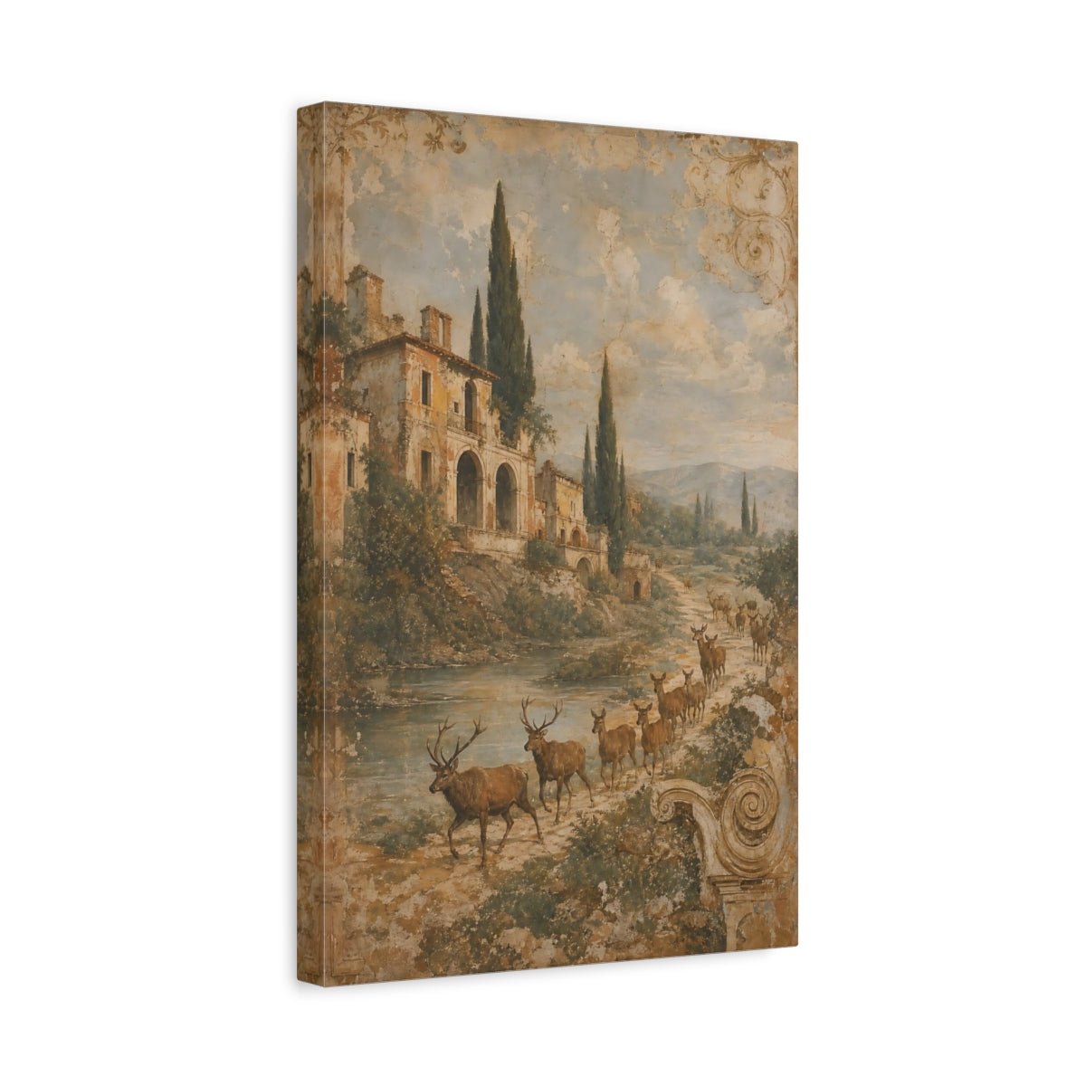 Faded Fresco Wildlife Scene Crumbling Villa Canvas Wall Art Print – Vintage Living Room, Above Fireplace - YesArtYes