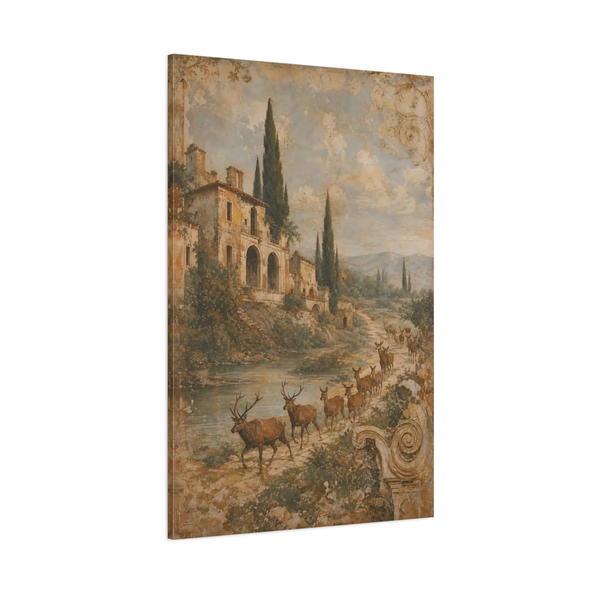 Faded Fresco Wildlife Scene Crumbling Villa Canvas Wall Art Print – Vintage Living Room, Above Fireplace - YesArtYes