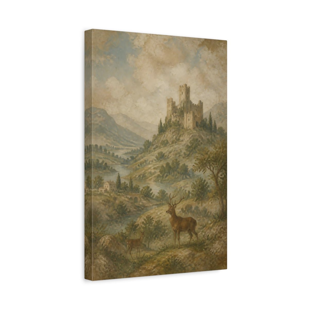 Faded Fresco Wildlife Scene Ruined Castle Canvas Wall Art Print – Vintage Living Room, Above Console Table - YesArtYes