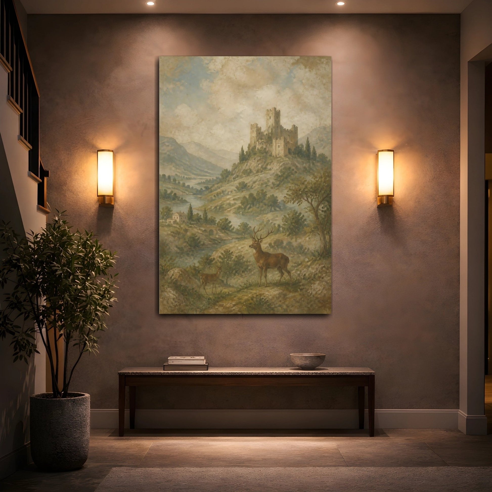 Faded Fresco Wildlife Scene Ruined Castle Canvas Wall Art Print – Vintage Living Room, Above Console Table - YesArtYes